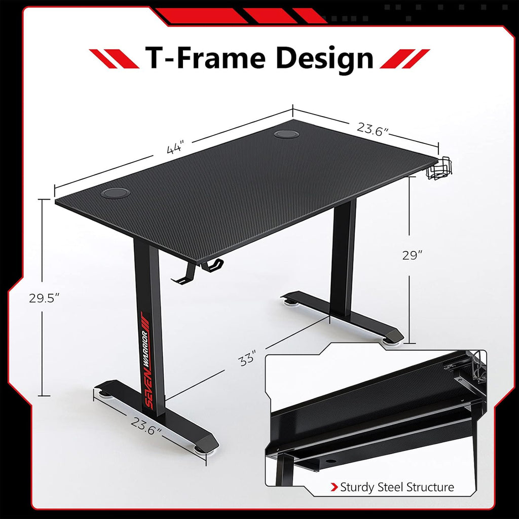 Gaming Desk 44 INCH, T- Shaped Carbon Fiber Surface Computer Desk with Full Desk Mouse Pad, Ergonomic E-Sport Style Gamer Desk with Double Headphone Hook, USB Gaming Rack, Cup Holder