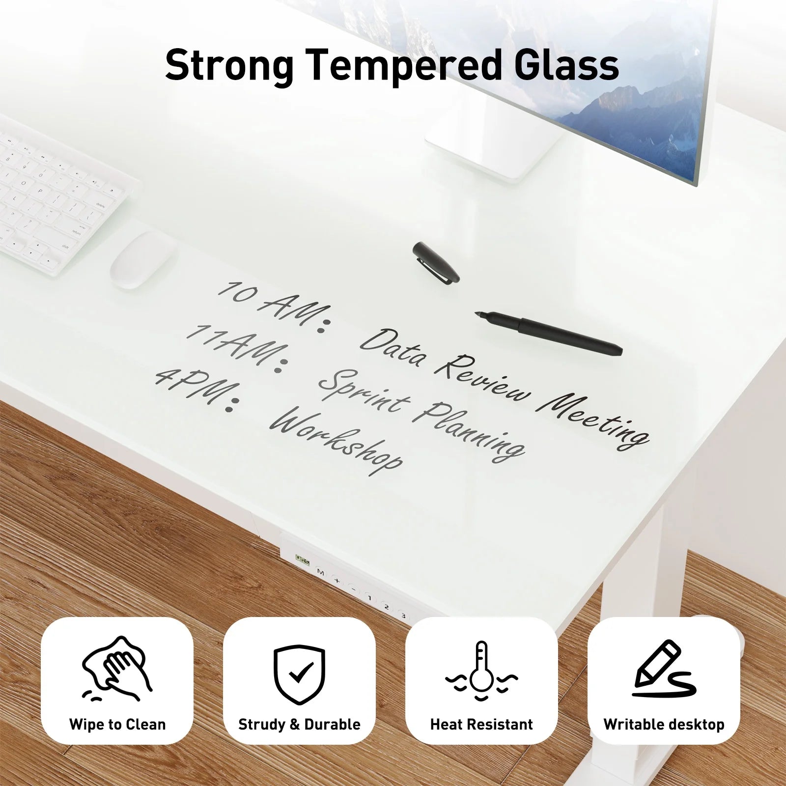 Glass Top Electric Standing Desk with Drawer, 55'' X 28'' Electric Height Adjustable Desk with USB Charging Ports, Sit Stand up for Home Office