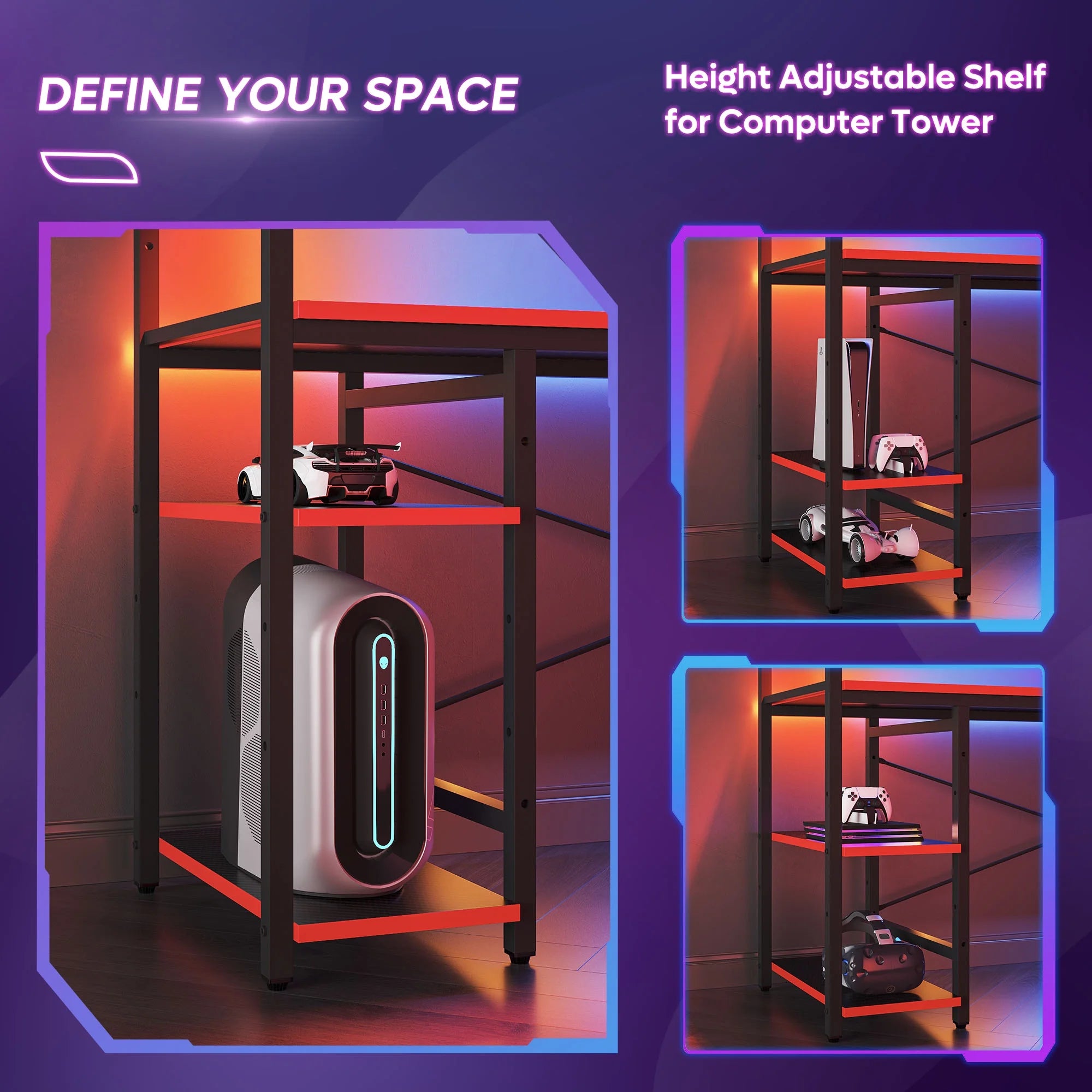 Level Up Your Gaming Setup: 61" Reversible Desk with LED Lights & PC Shelf!