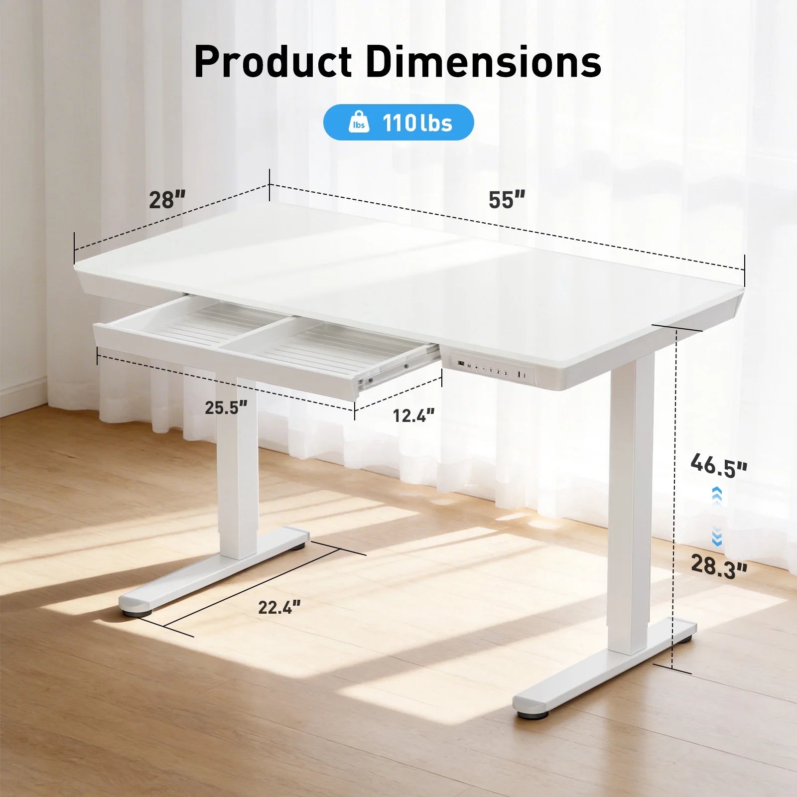 Glass Top Electric Standing Desk with Drawer, 55'' X 28'' Electric Height Adjustable Desk with USB Charging Ports, Sit Stand up for Home Office