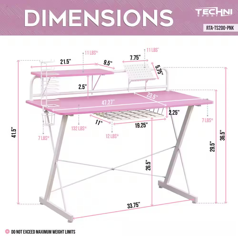 47.25" TS-200 Carbon Computer Gaming Desk with Shelving, Pink