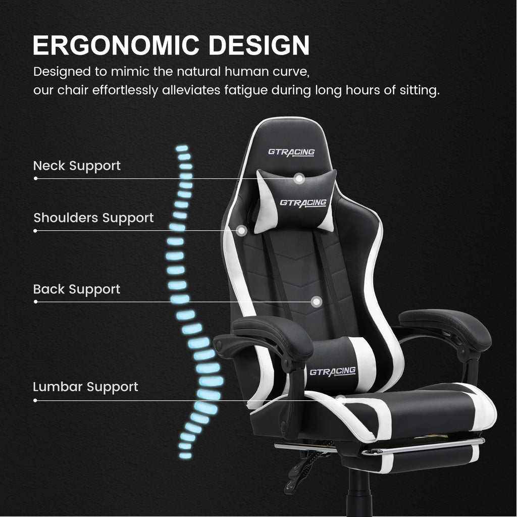 Ergonomic GTWD-200 Gaming and Office Chair with Adjustable Pillows and Footrest, White