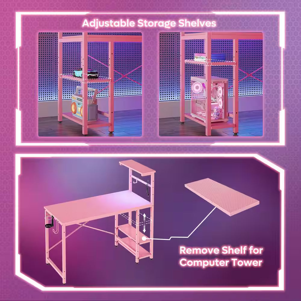 Level up your gaming setup with this 44" Pink Carbon Fiber Desk! 🌟✨ Featuring RGB LED lights, 4-tier storage, and a handy hook! 🎮💖 #GamingDesk #RGBLights #GamerStyle