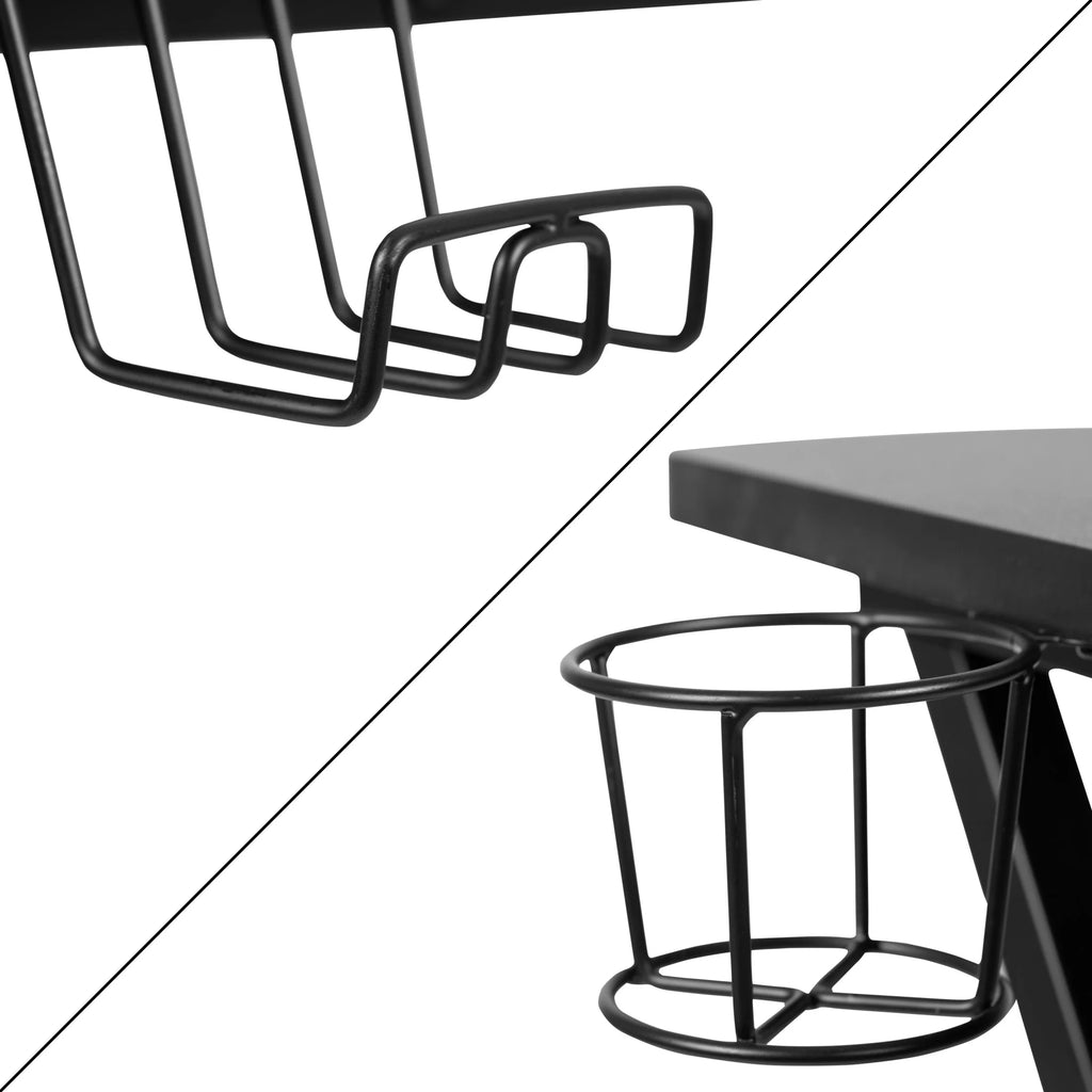 Black Gaming Desk with Cup Holder, Headphone Hook, and Monitor/Smartphone Stand