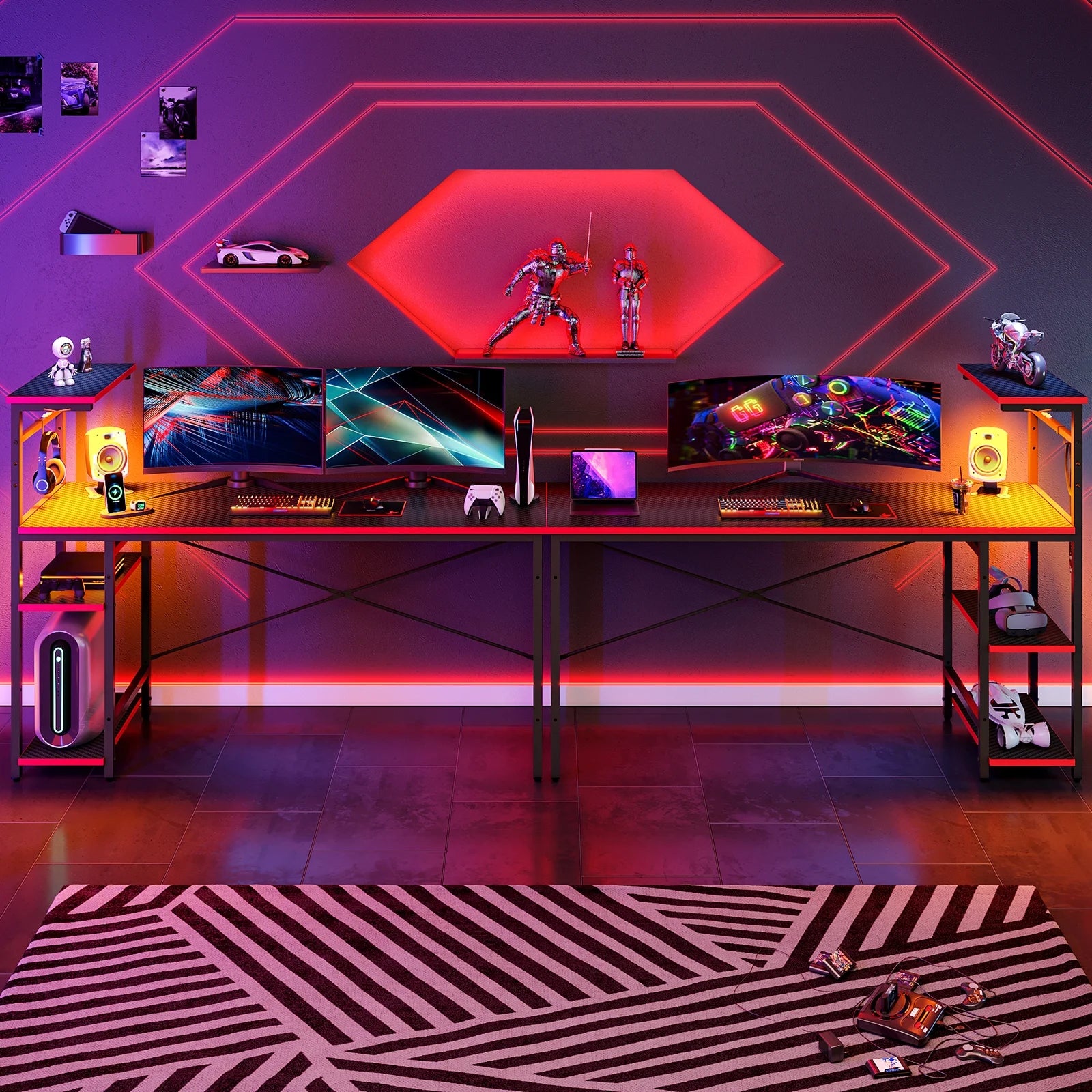 Level Up Your Gaming Setup: 61" Reversible Desk with LED Lights & PC Shelf!
