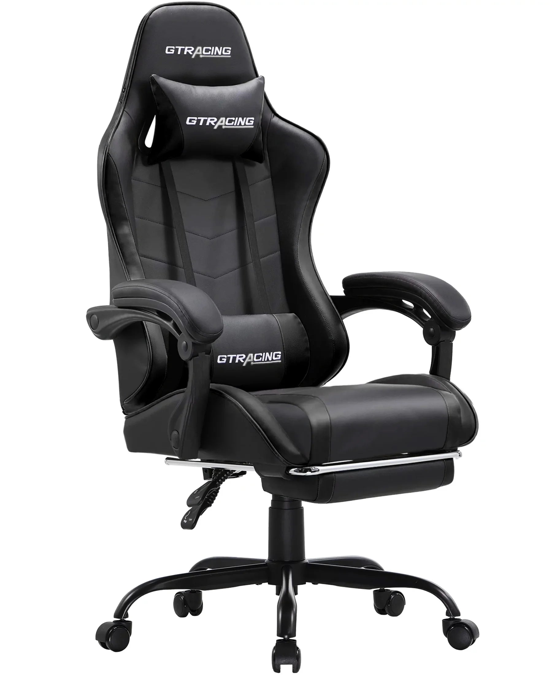Ergonomic GTWD-200 Gaming and Office Chair with Adjustable Pillows and Footrest, Black