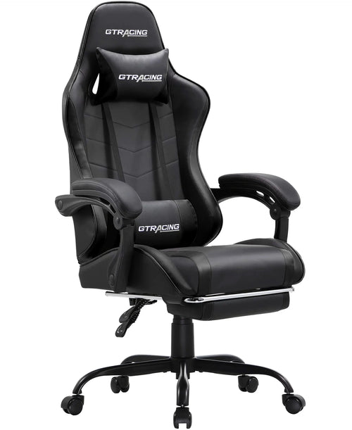 Ergonomic GTWD-200 Gaming and Office Chair with Adjustable Pillows and Footrest, Black