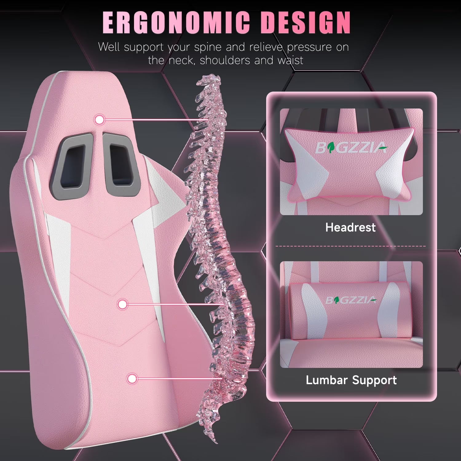High-Back Gaming Chair Computer Racing Chair with Headrest and Lumbar Support for Back Pain, Pink