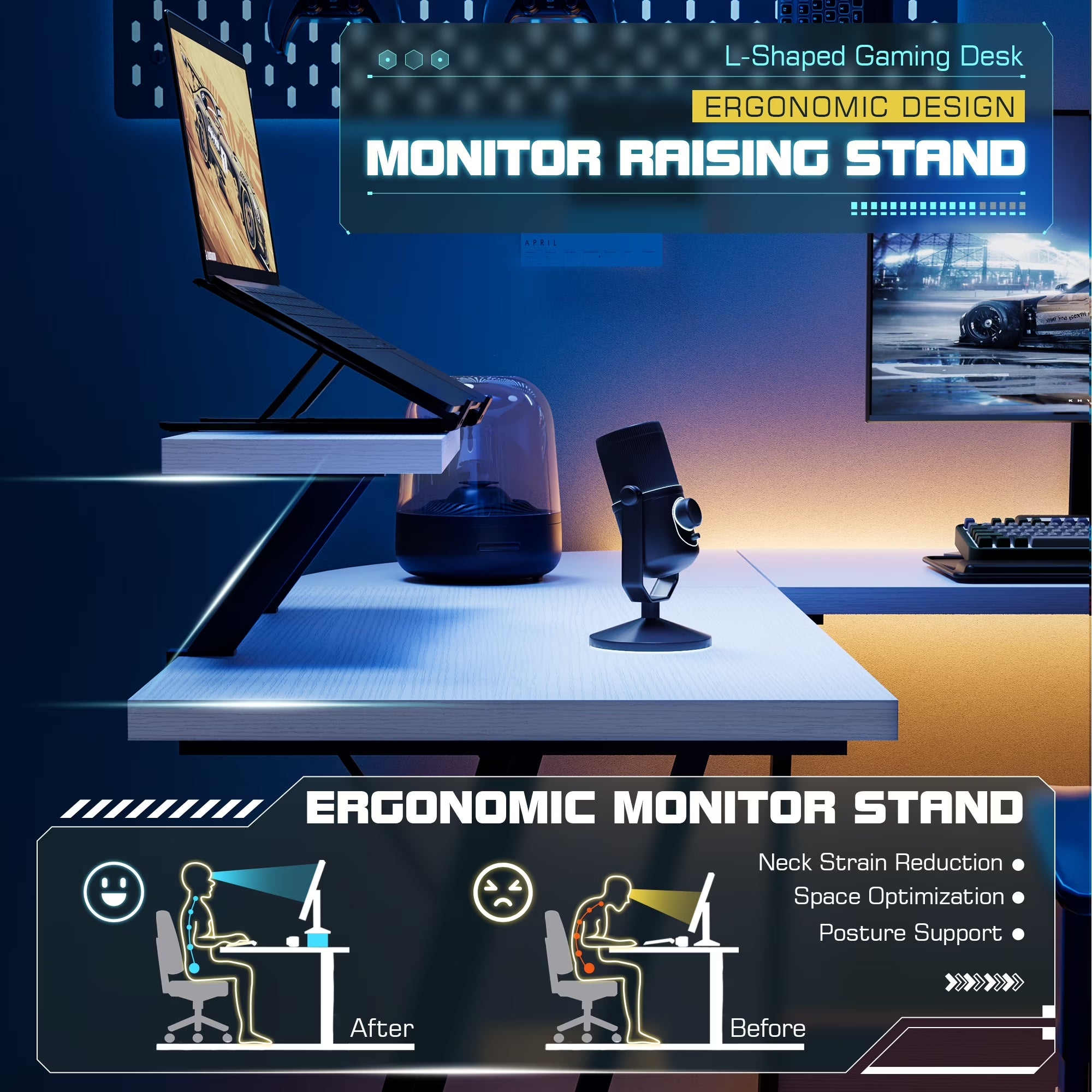 L-Shaped Gaming Desk 51.2 Inches Corner Office Gaming Desk with Removable Monitor Riser, Classical White