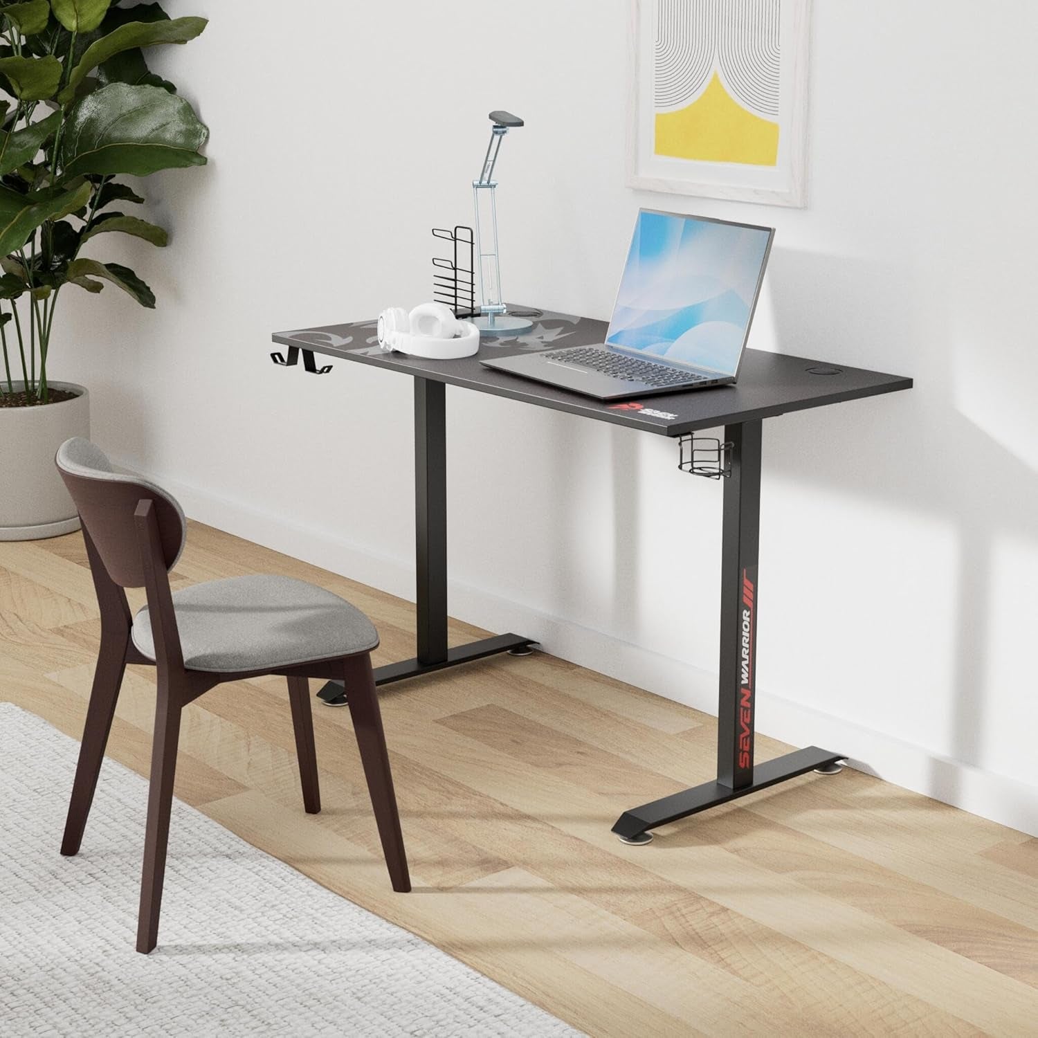 Gaming Desk 44 INCH, T- Shaped Carbon Fiber Surface Computer Desk with Full Desk Mouse Pad, Ergonomic E-Sport Style Gamer Desk with Double Headphone Hook, USB Gaming Rack, Cup Holder