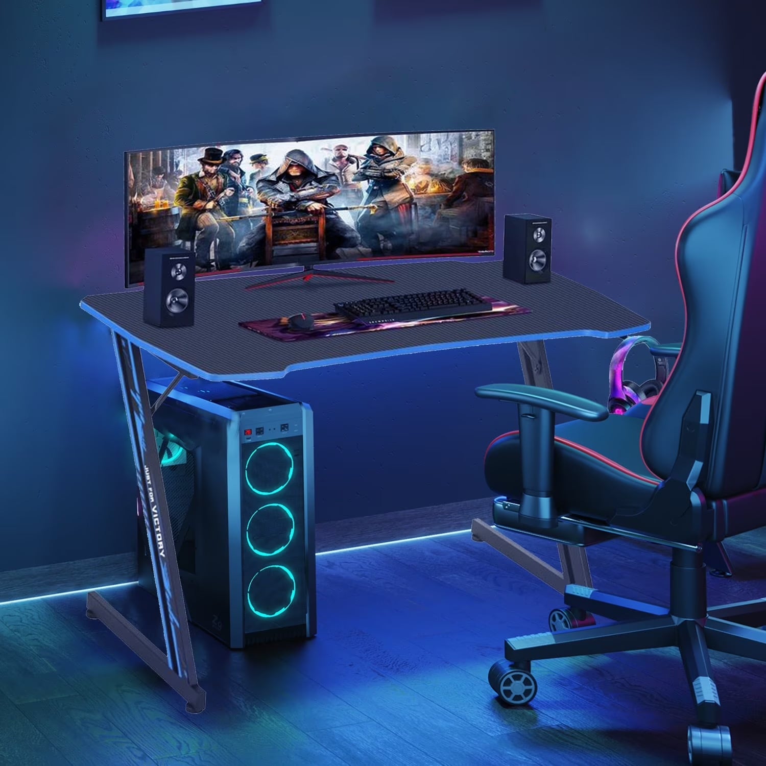 Level up your gaming setup with this cool Blue Z Shaped Desk featuring a handy headphone hook! 🎮💙 #GamingDesk #SetupGoals
