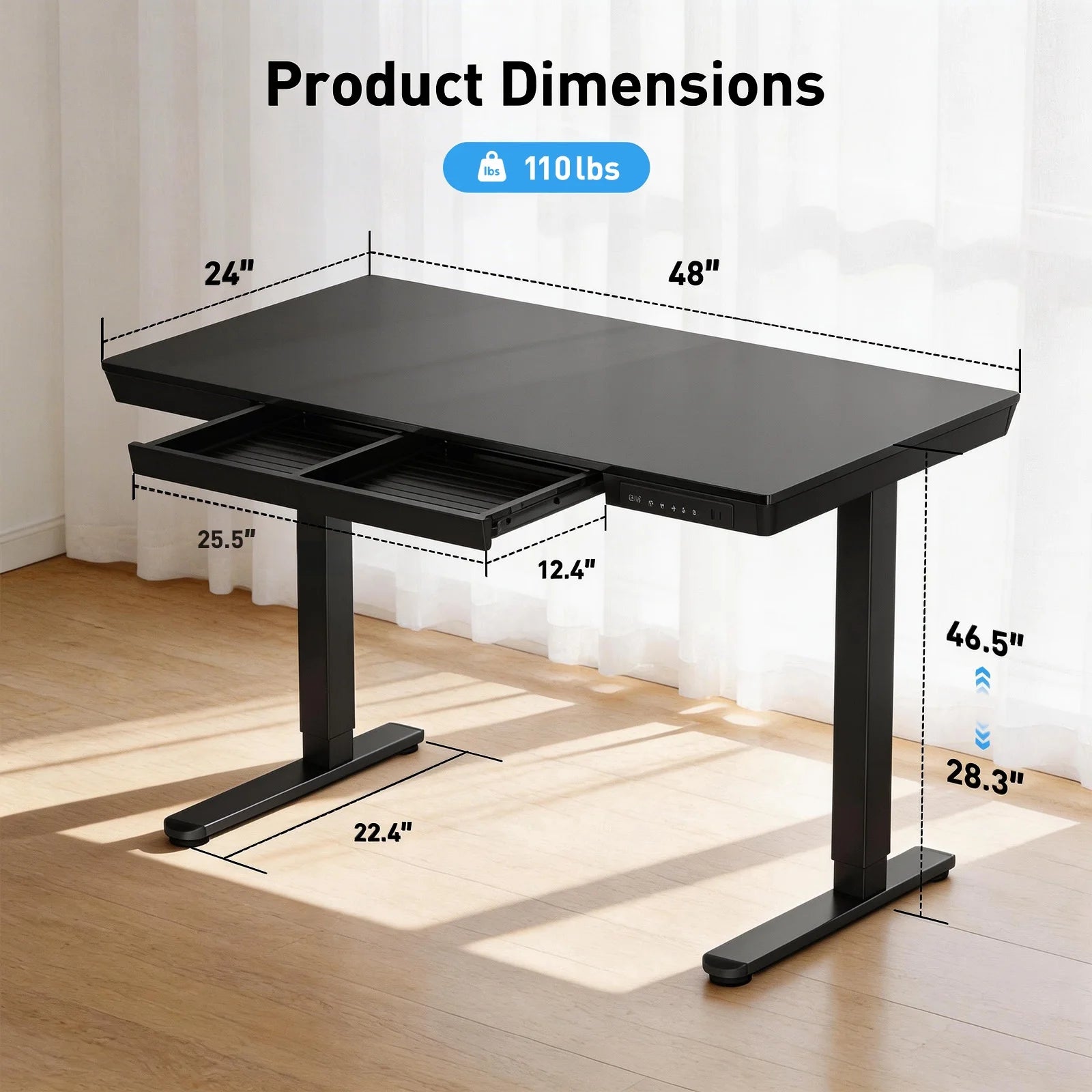 Glass Top Electric Standing Desk with Drawer, 48'' X 24'' Electric Height Adjustable Desk with USB Charging Ports, Sit Stand up for Home Office