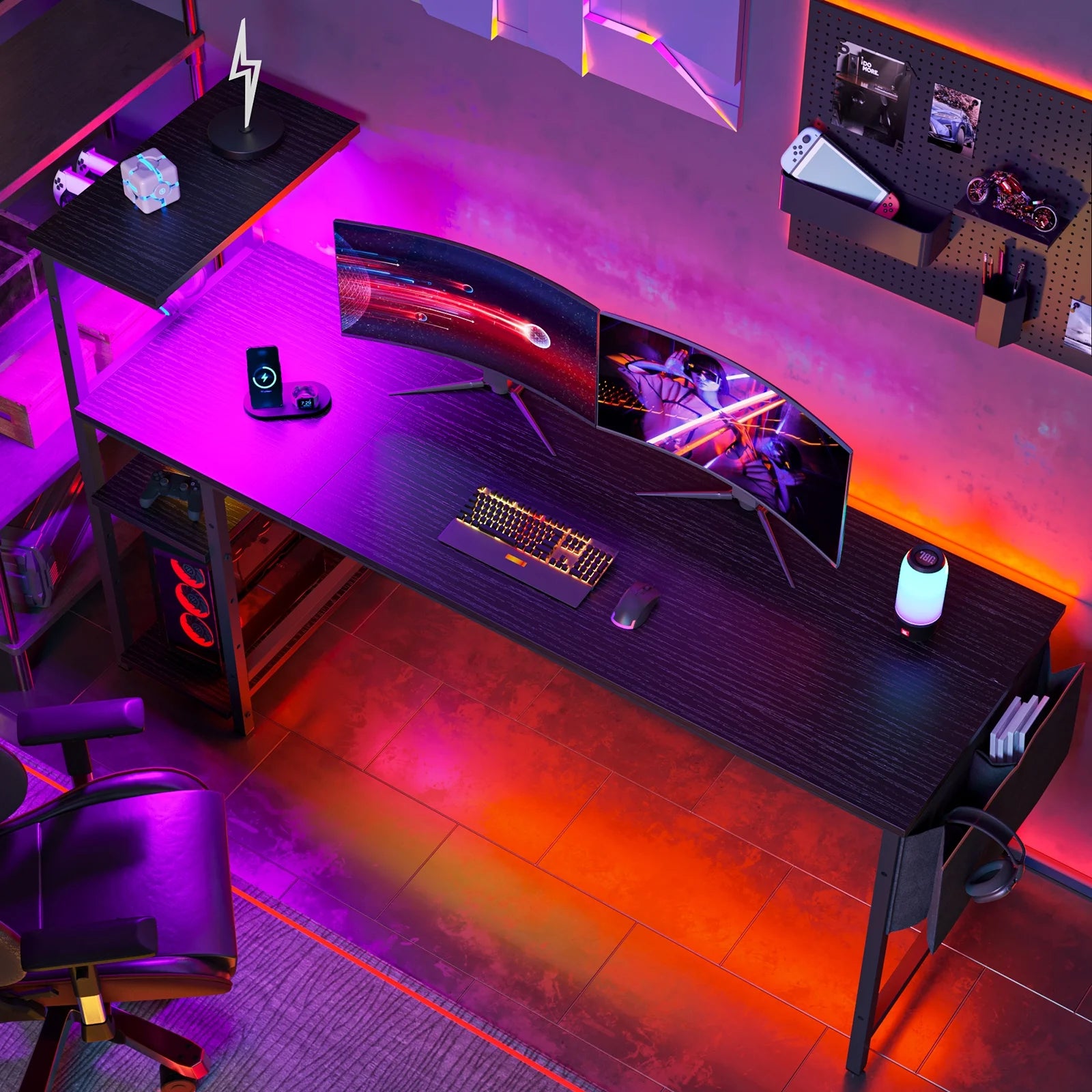Transform your gaming space with this stylish 61" Reversible Desk, complete with LED lights and 4 roomy shelves! 🖥️✨ #GamingDesk #HomeOffice #LEDLighting