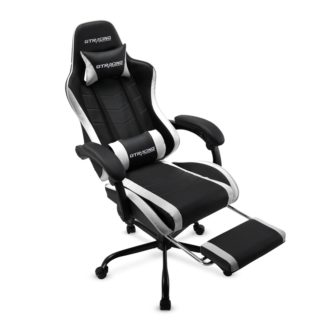 Ergonomic GTWD-200 Gaming and Office Chair with Adjustable Pillows and Footrest, White