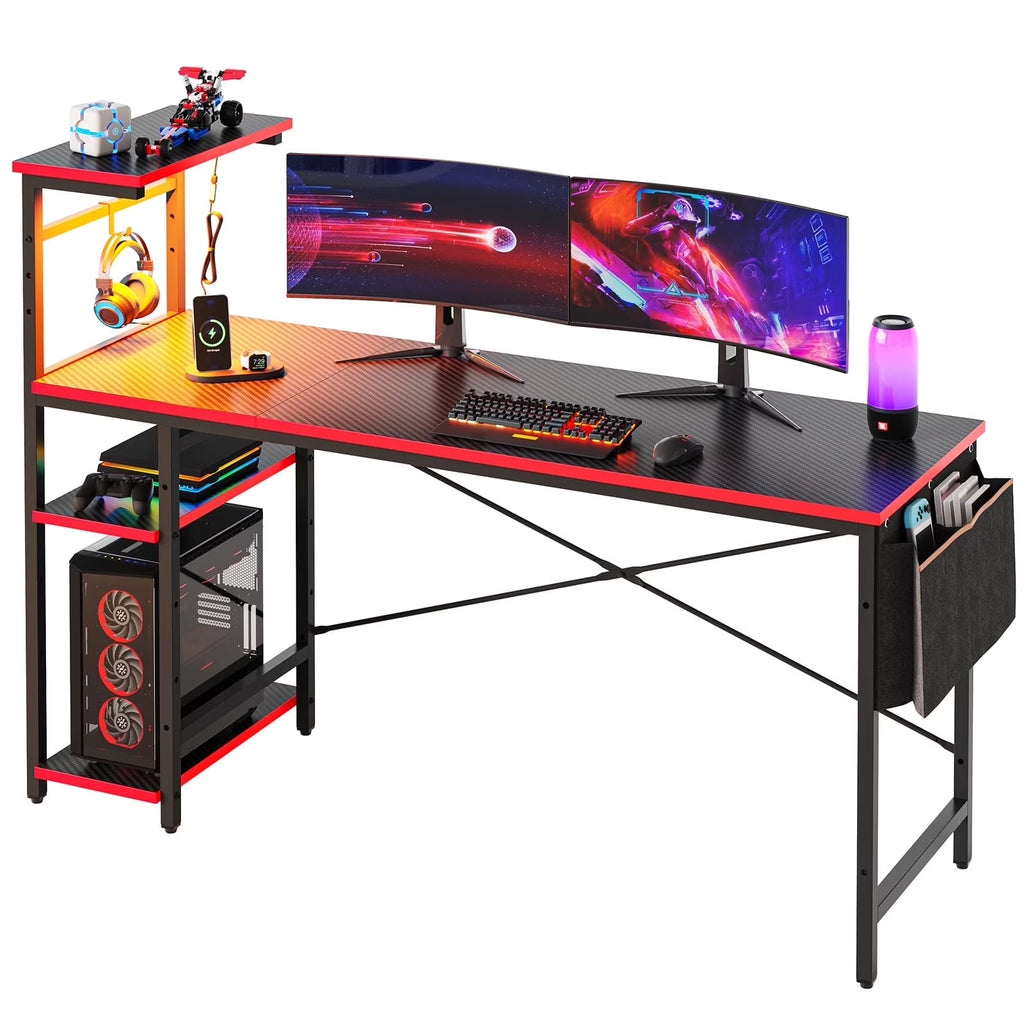Level Up Your Gaming Setup: 61" Reversible Desk with LED Lights & PC Shelf!