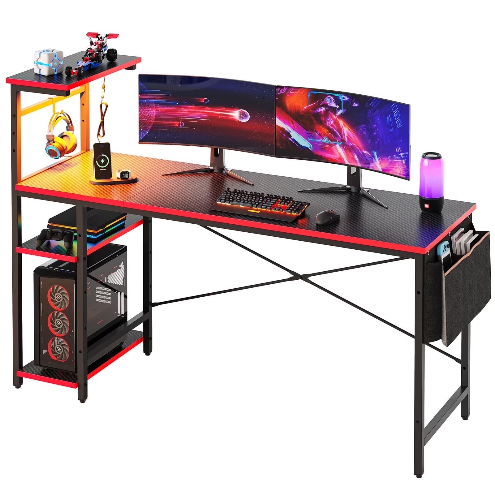 Level Up Your Gaming Setup: 61" Reversible Desk with LED Lights & PC Shelf!