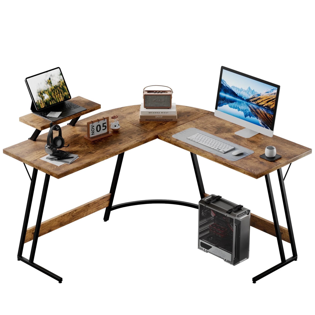 L-Shaped Gaming Desk 51.2 Inches Corner Office Gaming Desk with Removable Monitor Riser, Classical Brown