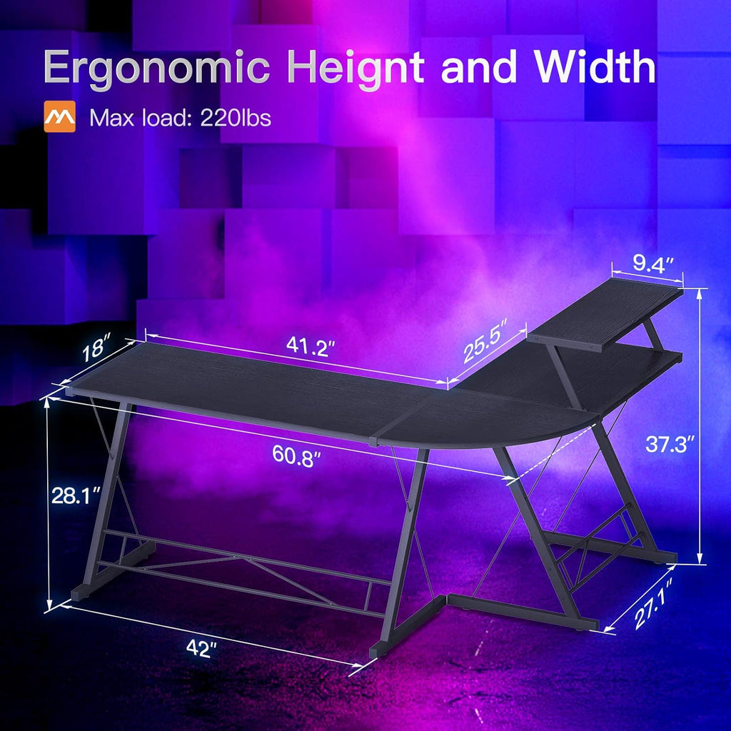 61 Inch L Shaped Desk with Drawers, Computer Desk with Power Outlets, Home Office Desk with 6 Drawers, Reversible Corner Desk for Small Space, Study Work Table with Hook, Black