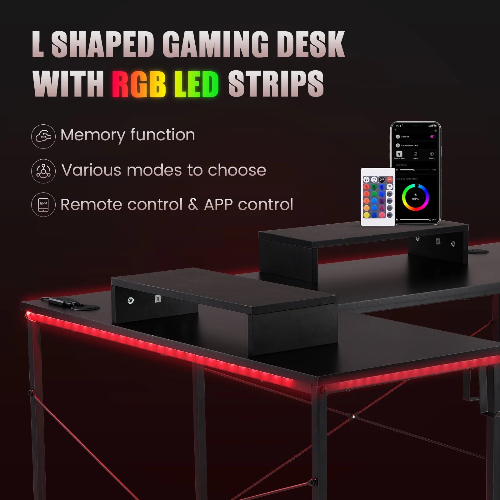 Level up your gaming setup with our sleek L-Shaped Desk featuring RGB lights and removable storage! 🖤✨ #GamingDesk #RGB #GameOn