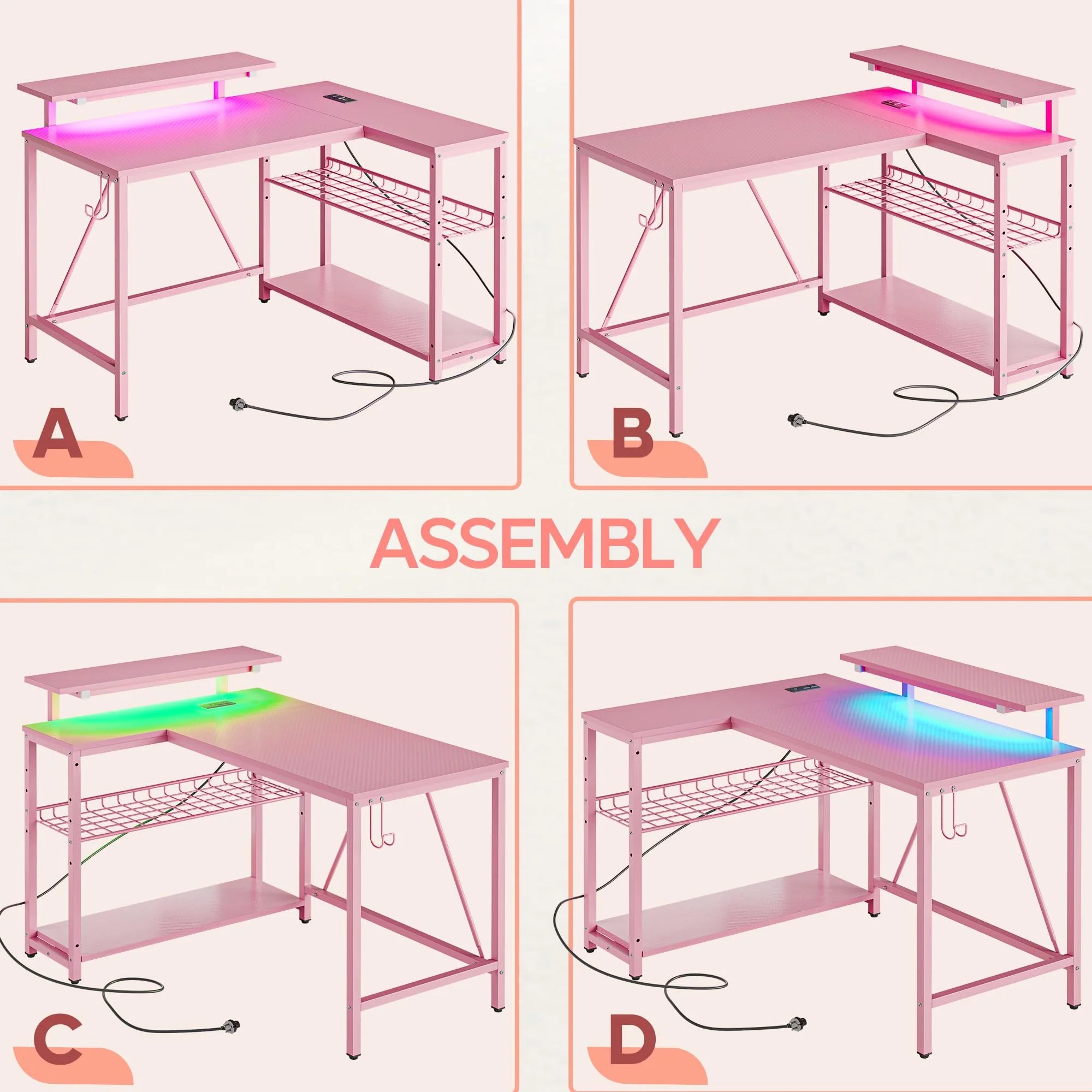 42" L Shaped Computer Desk with Power Outlets, Corner Office Desk with LED Lights & Monitor Stand, Reversible Shelves, Corner Desk for Small Spaces ,Bedrooms & Home, Carbon Fiber Pink