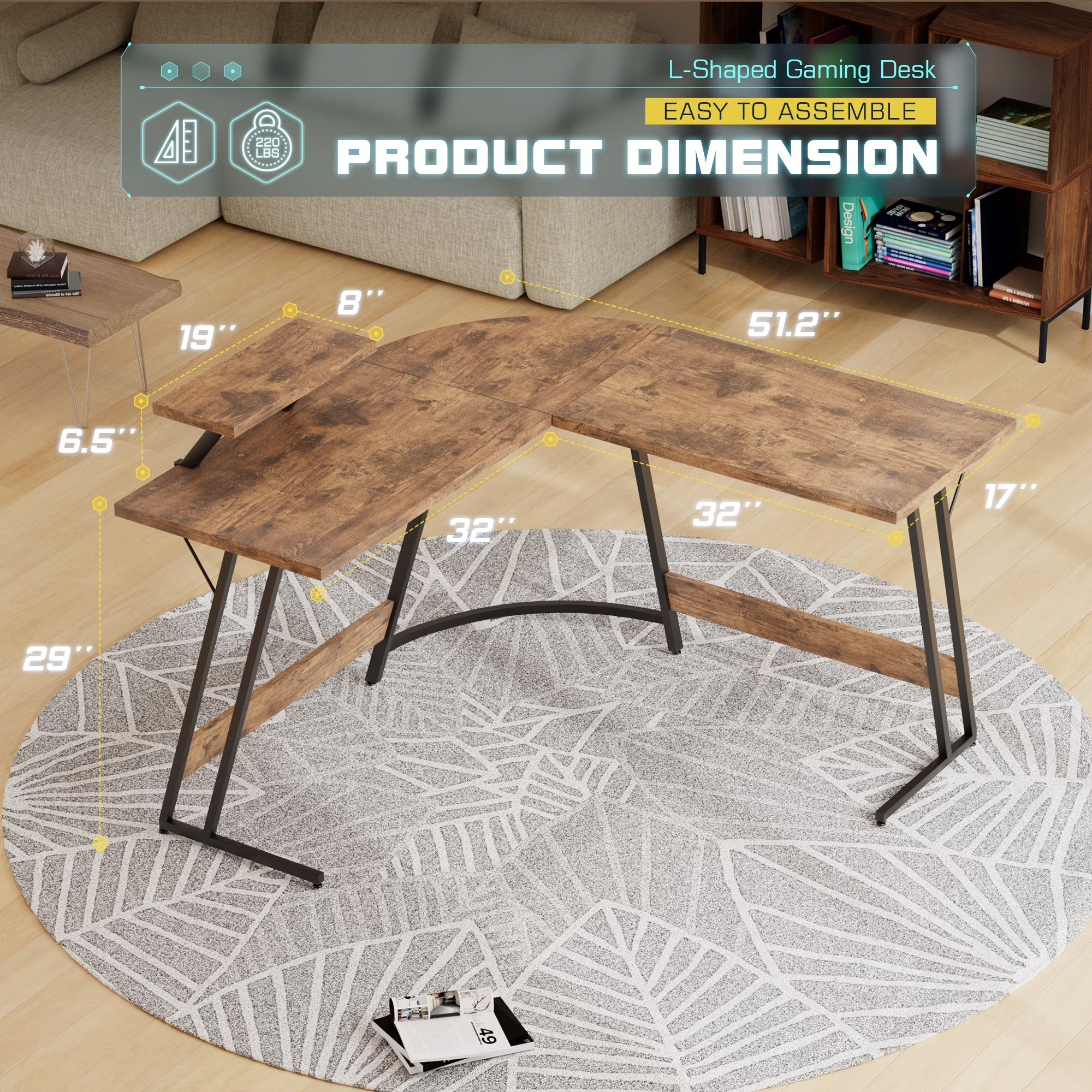 L-Shaped Gaming Desk 51.2 Inches Corner Office Gaming Desk with Removable Monitor Riser, Classical Brown