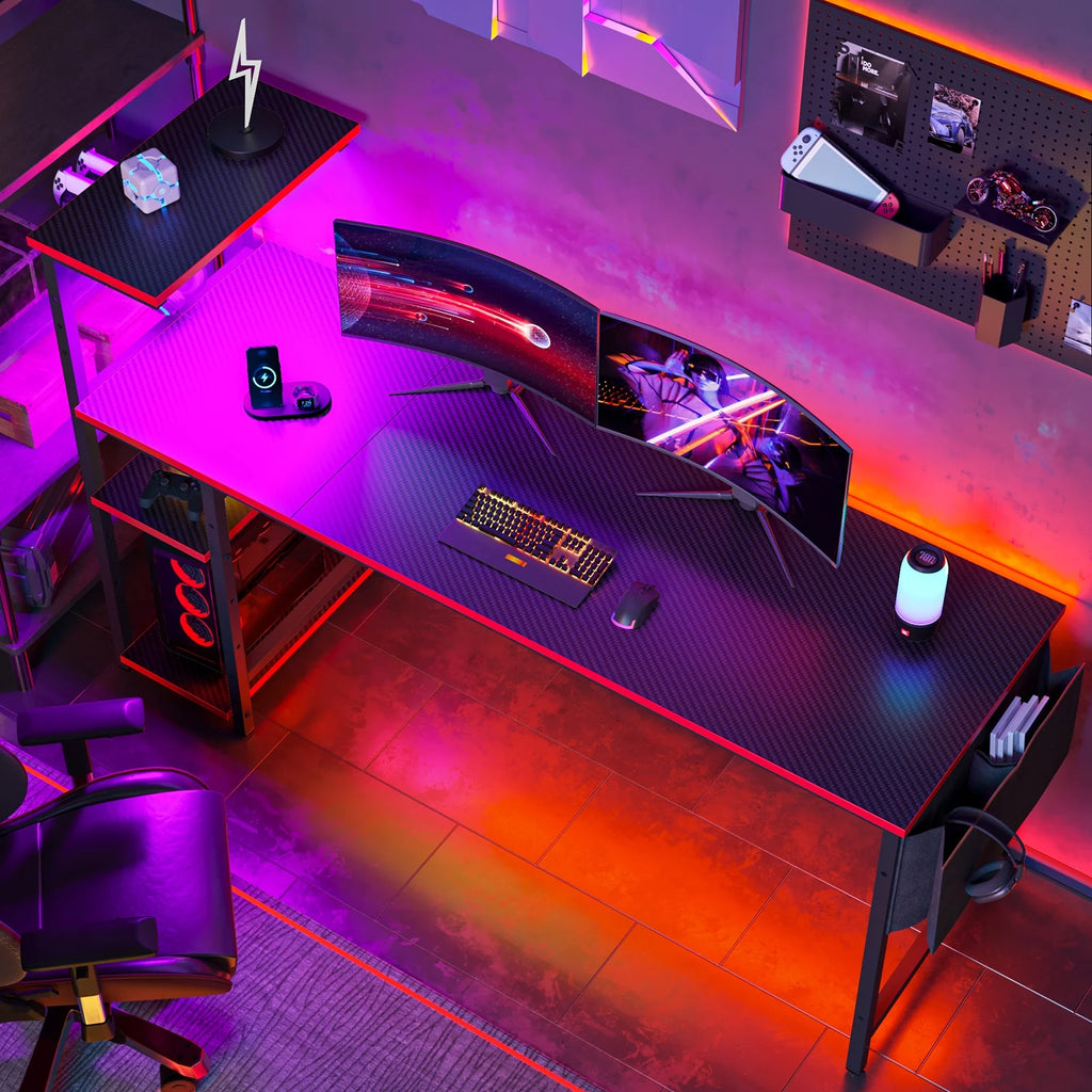 Level Up Your Gaming Setup: 61" Reversible Desk with LED Lights & PC Shelf!
