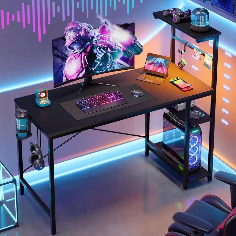 Level up your gaming setup with this sleek 44" Black Grained Desk featuring RGB LED lights and 4-tier storage! 🎮✨ #GamingDesk #SetupGoals