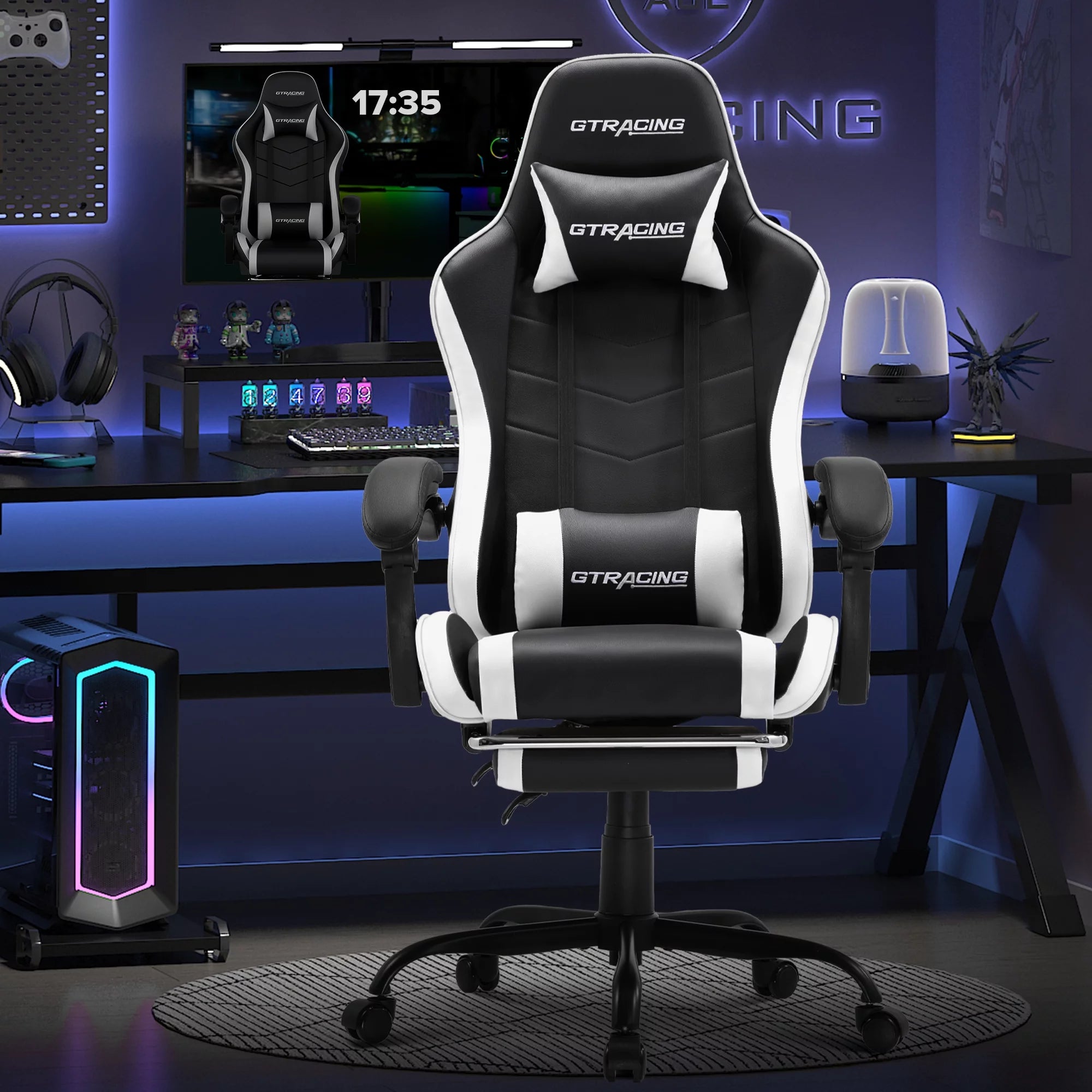 Ergonomic GTWD-200 Gaming and Office Chair with Adjustable Pillows and Footrest, White