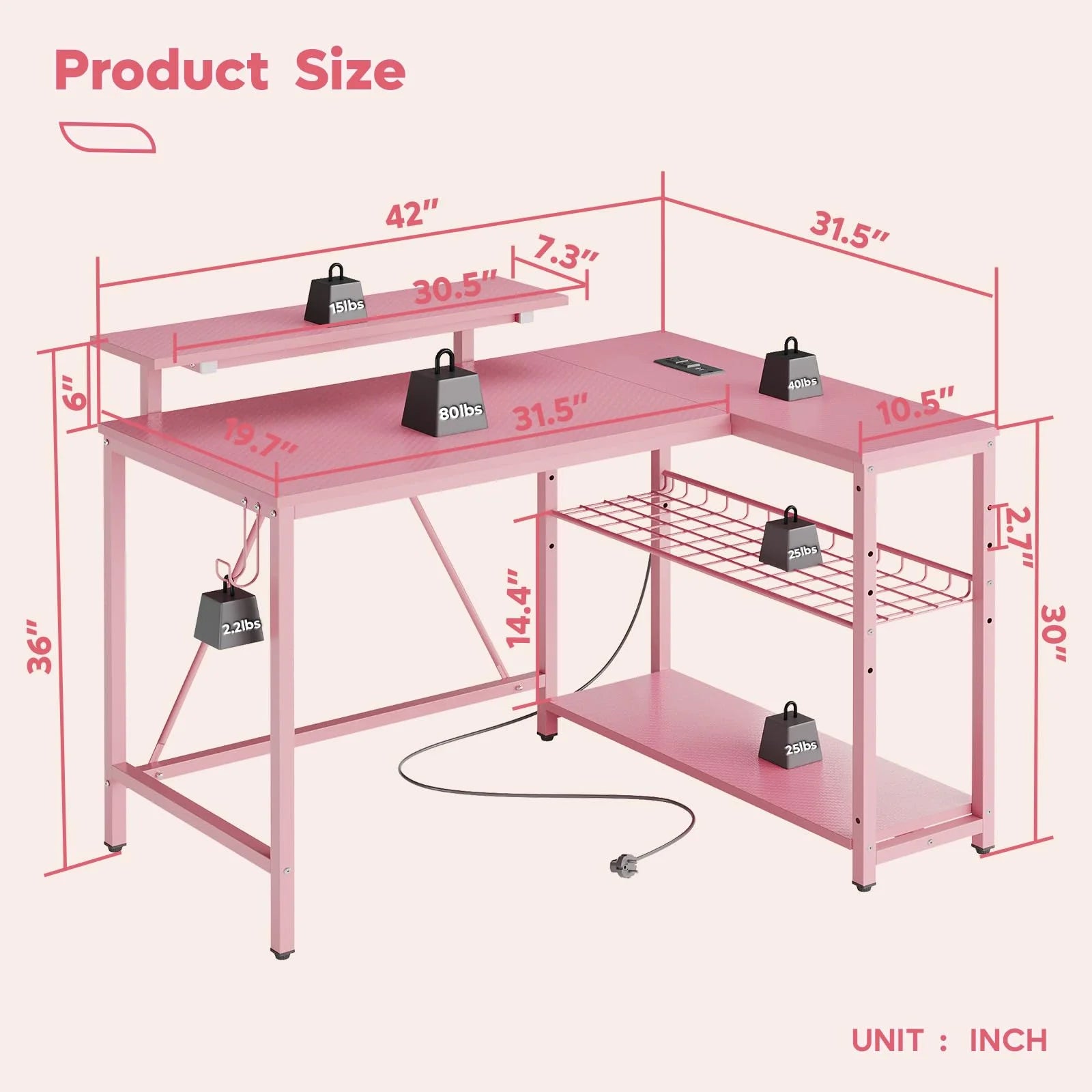 42" L Shaped Computer Desk with Power Outlets, Corner Office Desk with LED Lights & Monitor Stand, Reversible Shelves, Corner Desk for Small Spaces ,Bedrooms & Home, Carbon Fiber Pink
