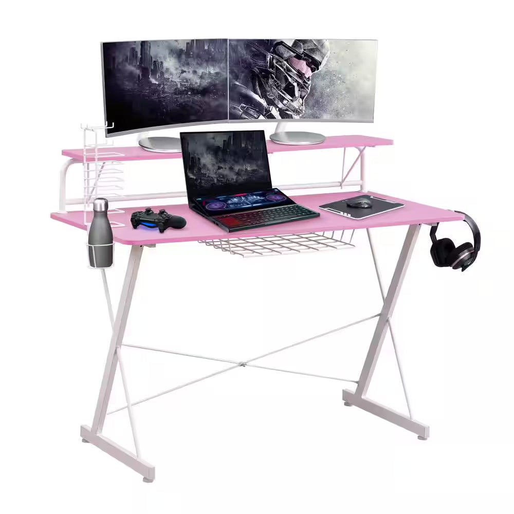 47.25" TS-200 Carbon Computer Gaming Desk with Shelving, Pink