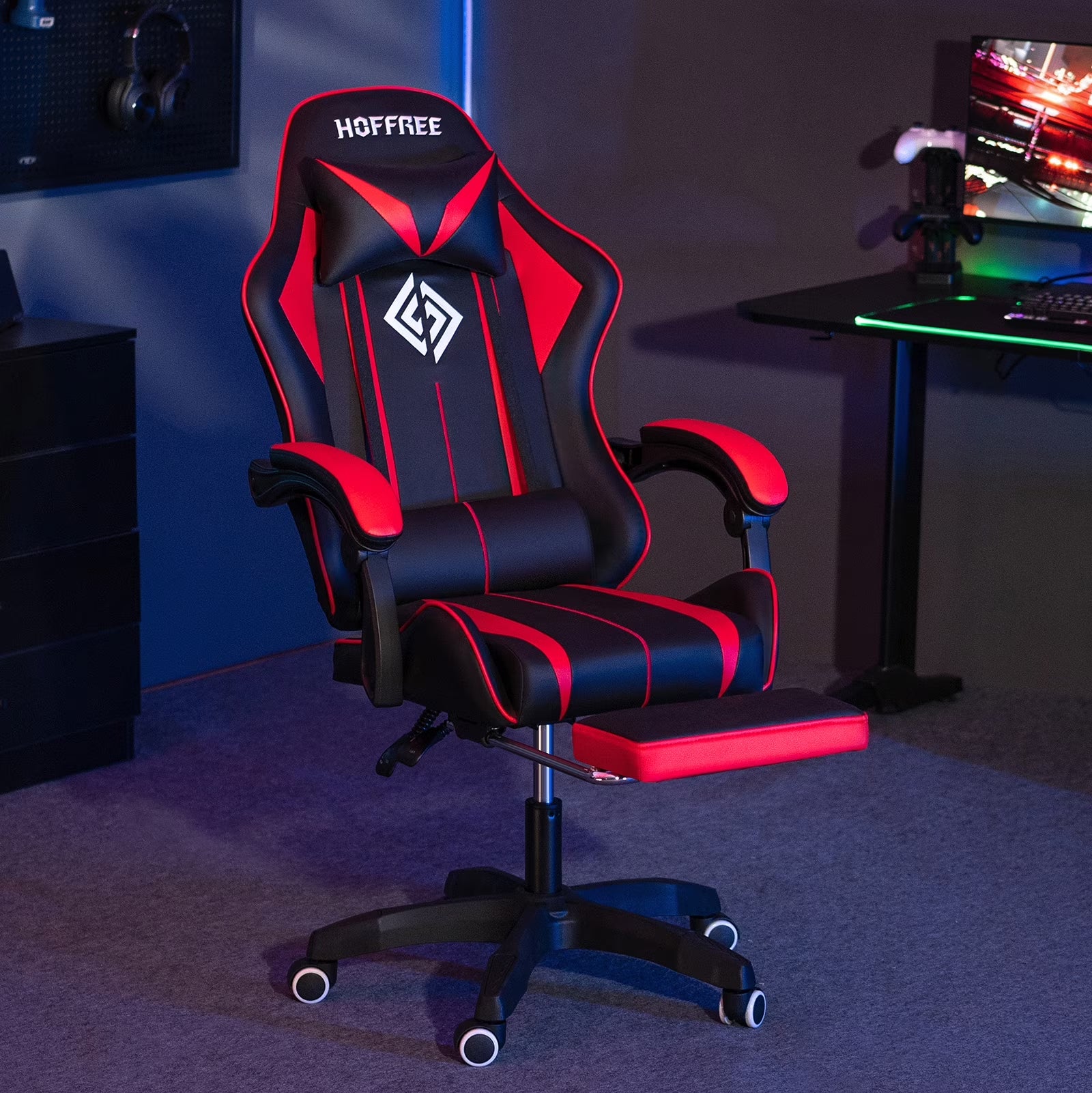 Gaming Chair Massage Game Chair with Footrest and Massage Lumbar Support Ergonomic Computer Chair Height Adjustable with Swivel Seat and Headrest