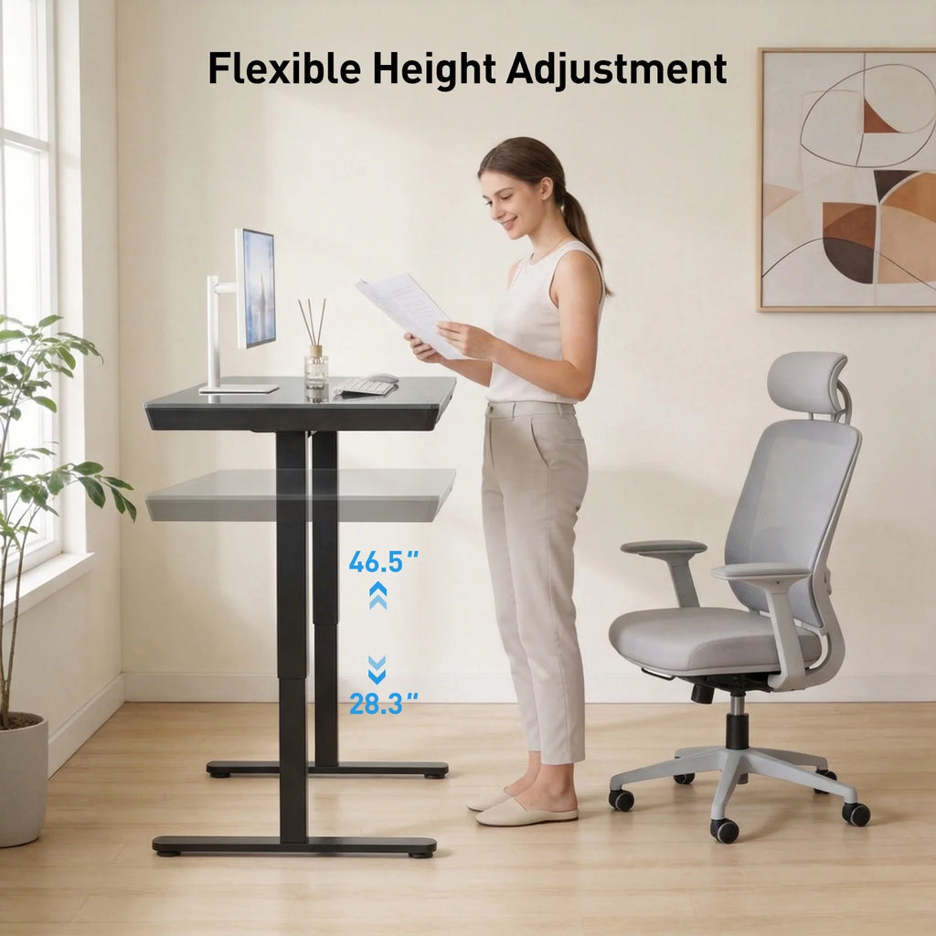 Glass Top Electric Standing Desk with Drawer, 48'' X 24'' Electric Height Adjustable Desk with USB Charging Ports, Sit Stand up for Home Office