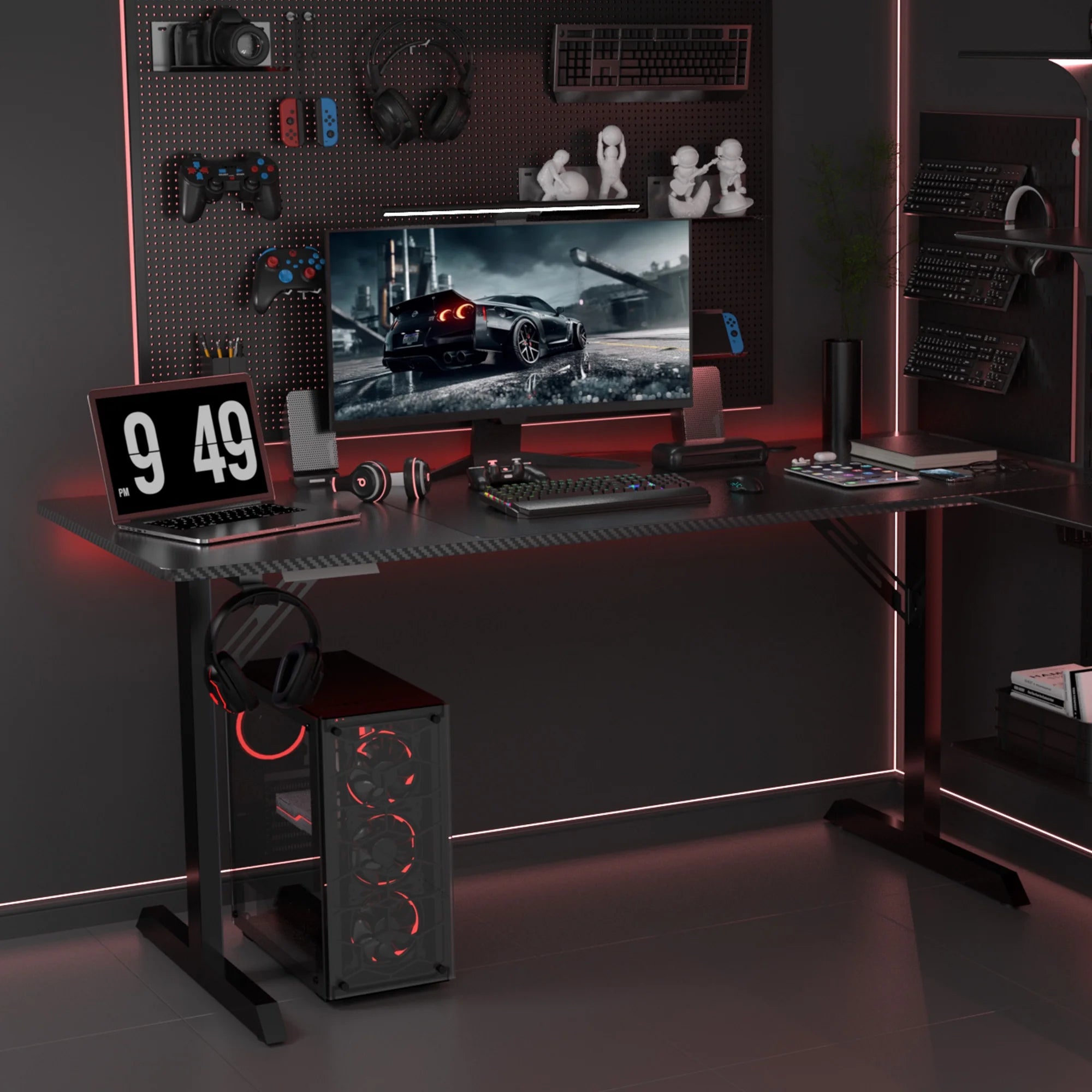 GTRACING 55" Large RGB Sturdy Gaming Desk with Mouse Pad T-Shaped Office Chair Computer Desk Spacious Work Surface Table, Black