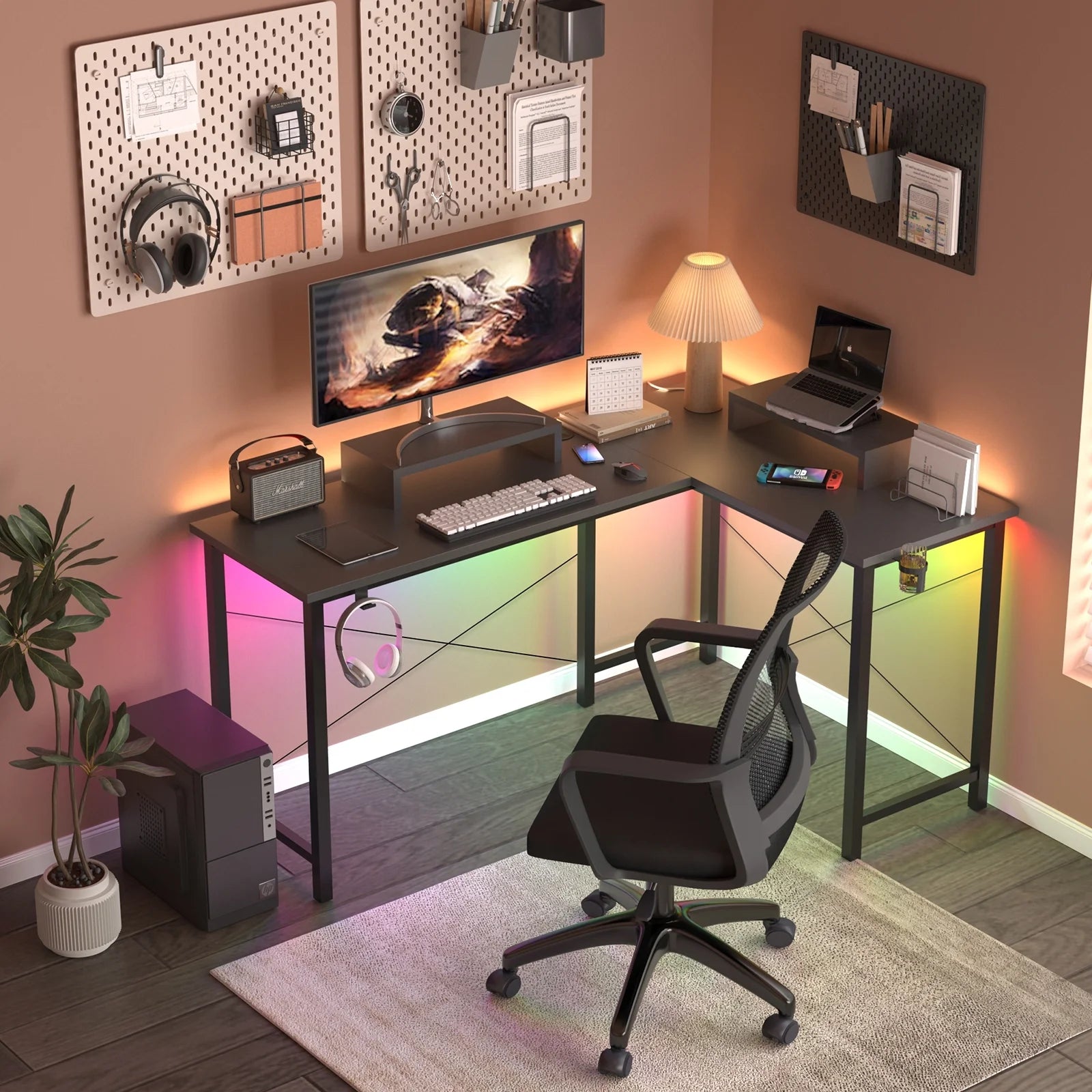 Level up your gaming setup with our sleek L-Shaped Desk featuring RGB lights and removable storage! 🖤✨ #GamingDesk #RGB #GameOn