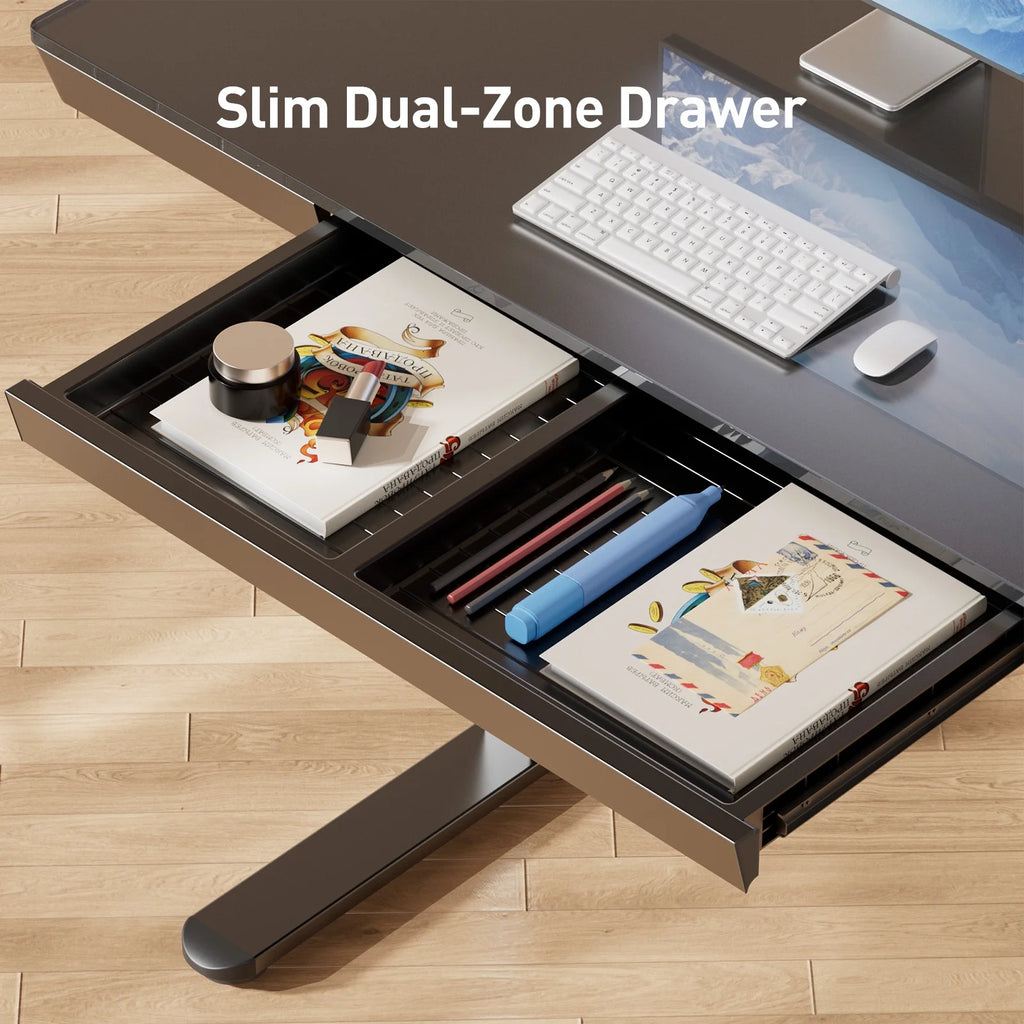 Glass Top Electric Standing Desk with Drawer, 48'' X 24'' Electric Height Adjustable Desk with USB Charging Ports, Sit Stand up for Home Office