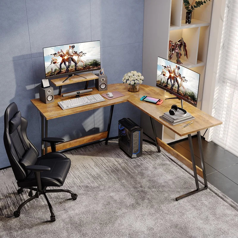 L-Shaped Gaming Desk 51.2 Inches Corner Office Gaming Desk with Removable Monitor Riser, Classical Brown