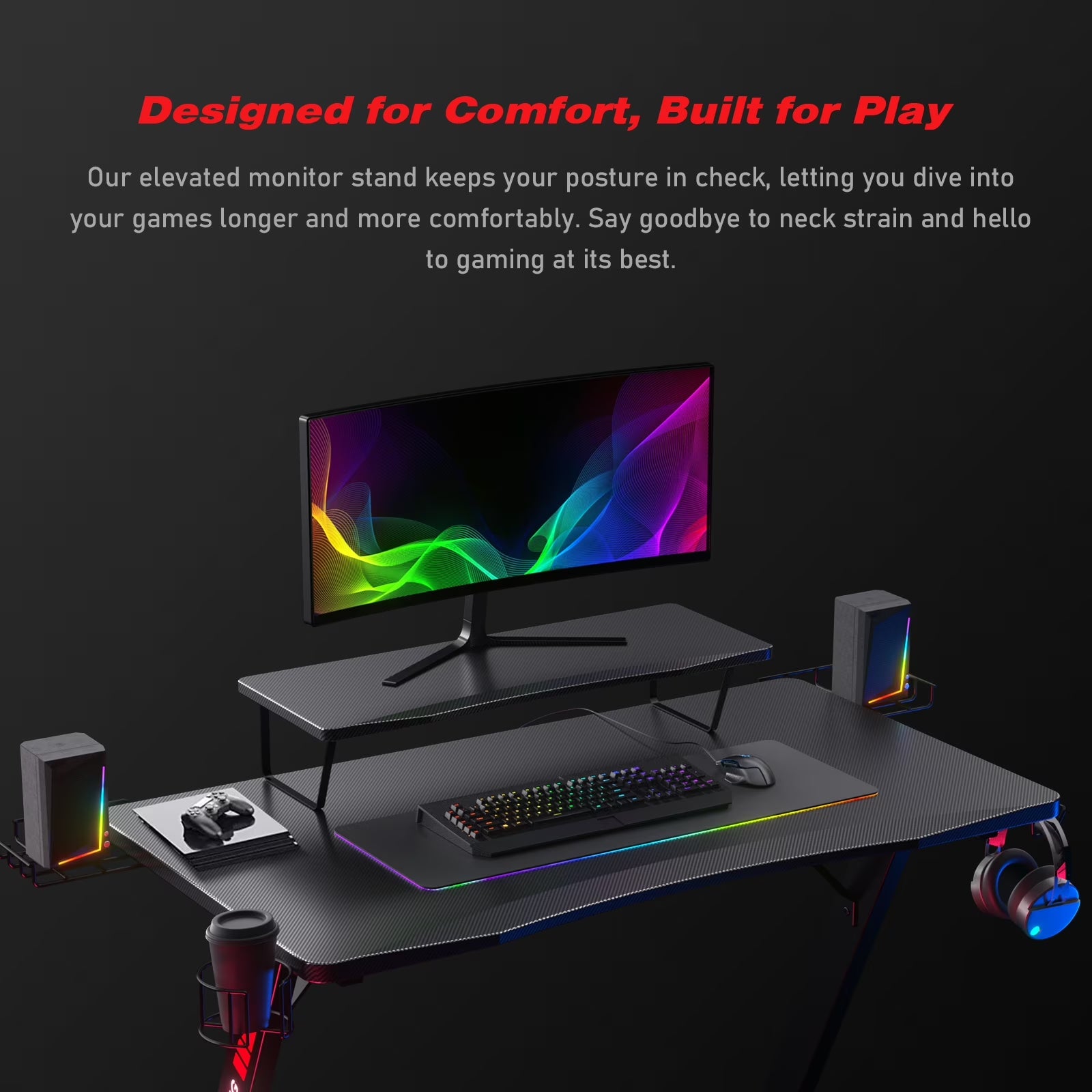 Level up your gaming setup with our sleek Ergonomic Curved LED Z-Leg Desk in Black! 🖤🎮✨