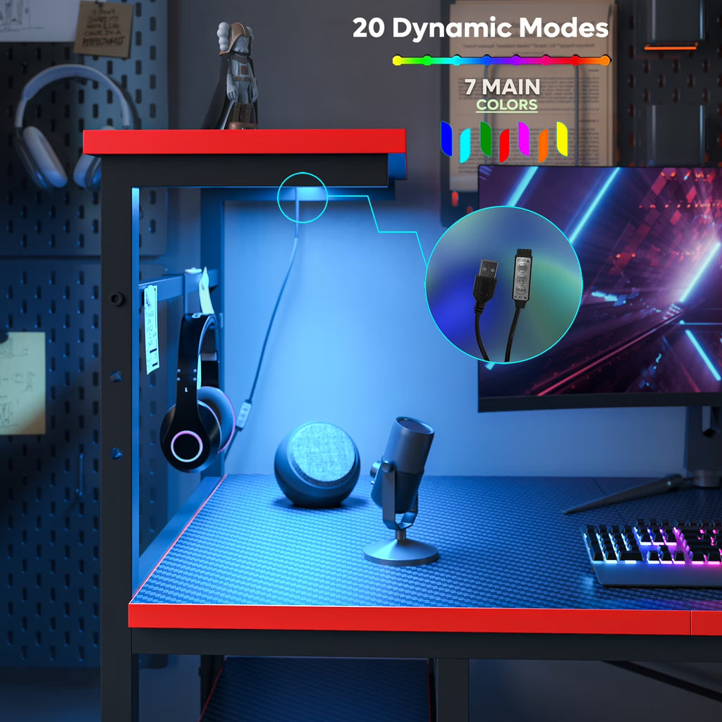 Level Up Your Gaming Setup: 61" Reversible Desk with LED Lights & PC Shelf!