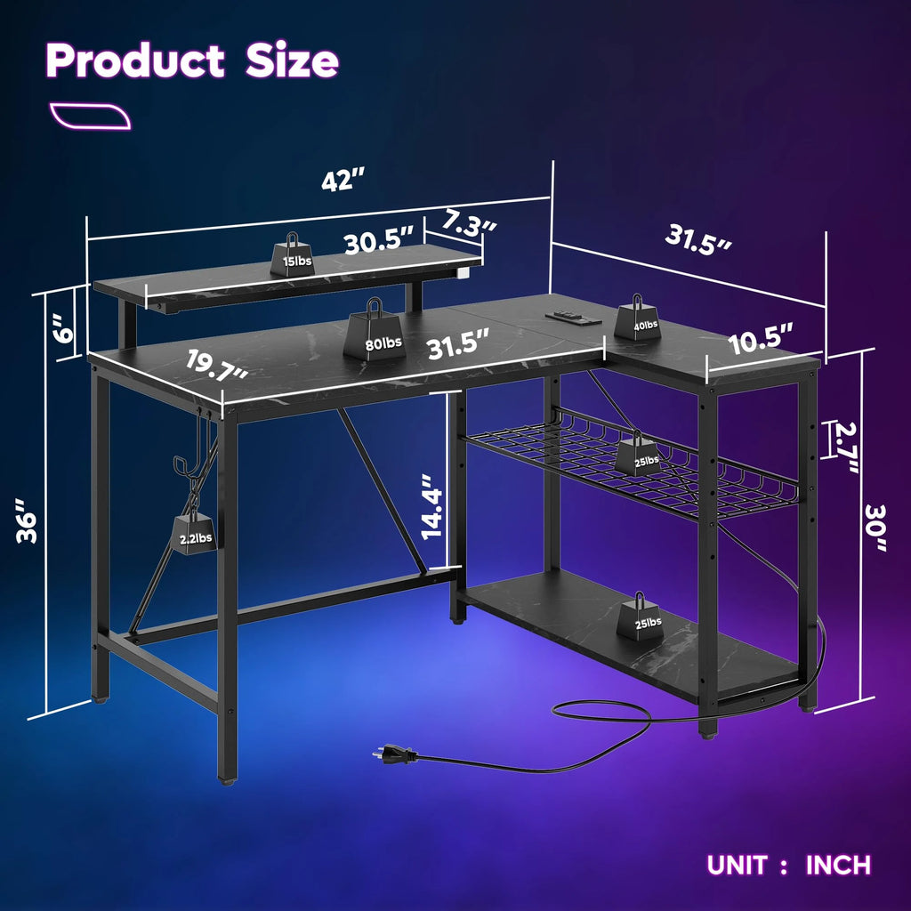 Level up your gaming setup with this sleek 42" Reversible L-Shaped Desk! 🌟 Featuring power outlets, LED lights, a monitor stand, and headset hooks, it's perfect for small spaces, bedrooms, and home offices! 🖤✨ #GamingDesk #HomeOffice #SmallSpaceLiving