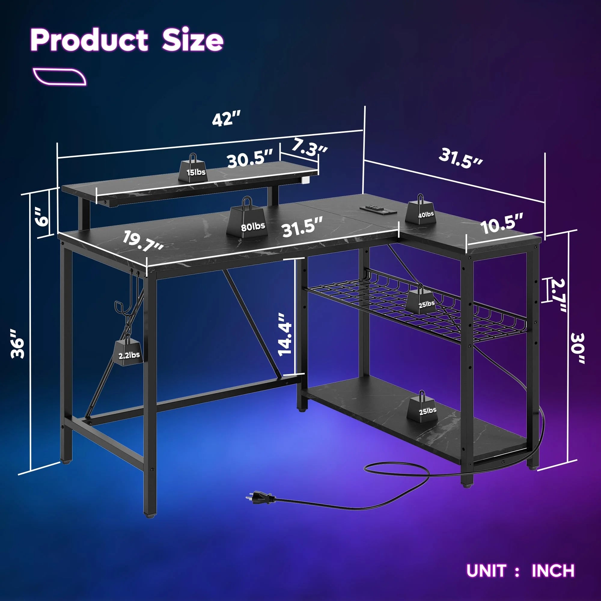 Level up your gaming setup with this sleek 42" Reversible L-Shaped Desk! 🌟 Featuring power outlets, LED lights, a monitor stand, and headset hooks, it's perfect for small spaces, bedrooms, and home offices! 🖤✨ #GamingDesk #HomeOffice #SmallSpaceLiving