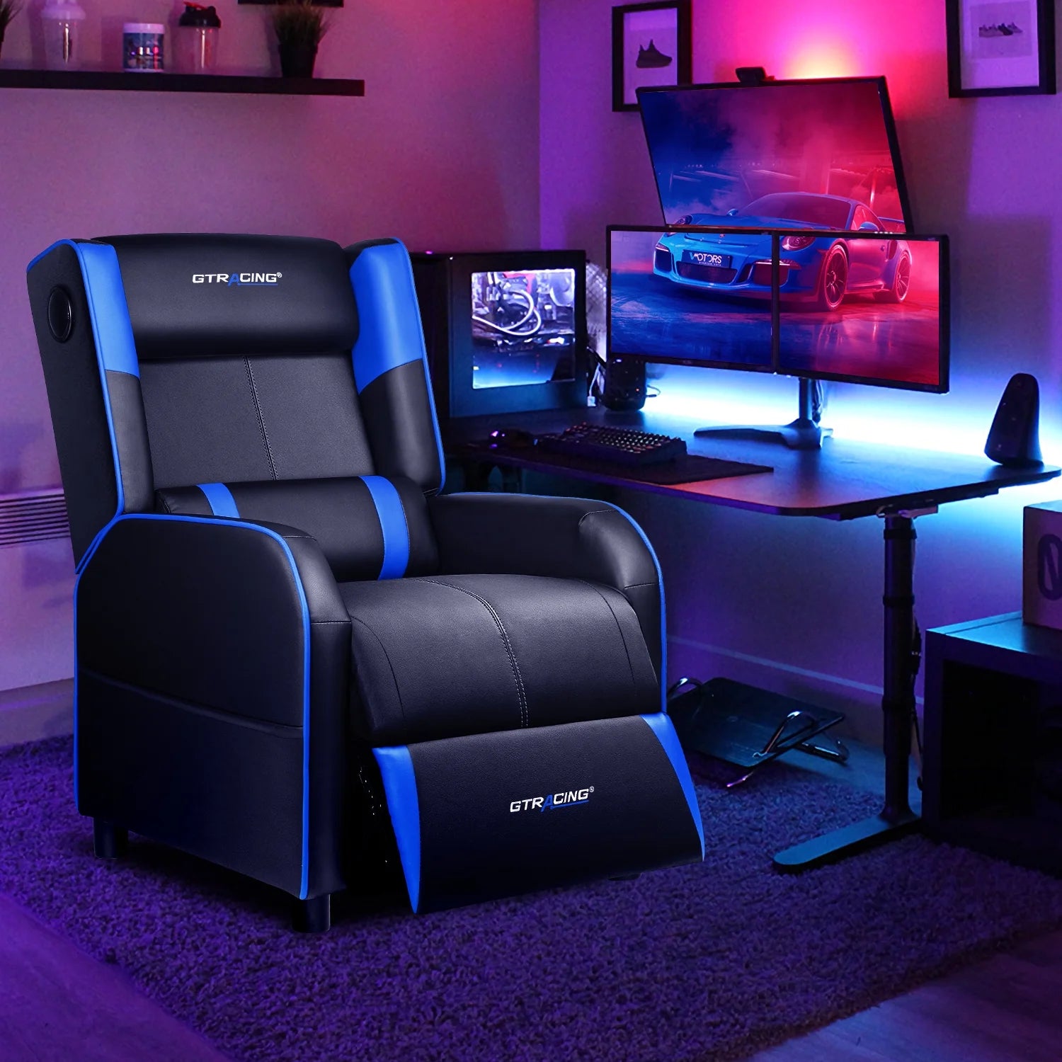 Level up your gaming experience with our sleek Blue Racing Style Recliner Chair! 🎮✨ Enjoy Bluetooth speakers, a cozy footrest, and massage lumbar support for ultimate comfort in your living room or home theater! 🛋️💙 #GamingChair #HomeTheater #ComfortGaming