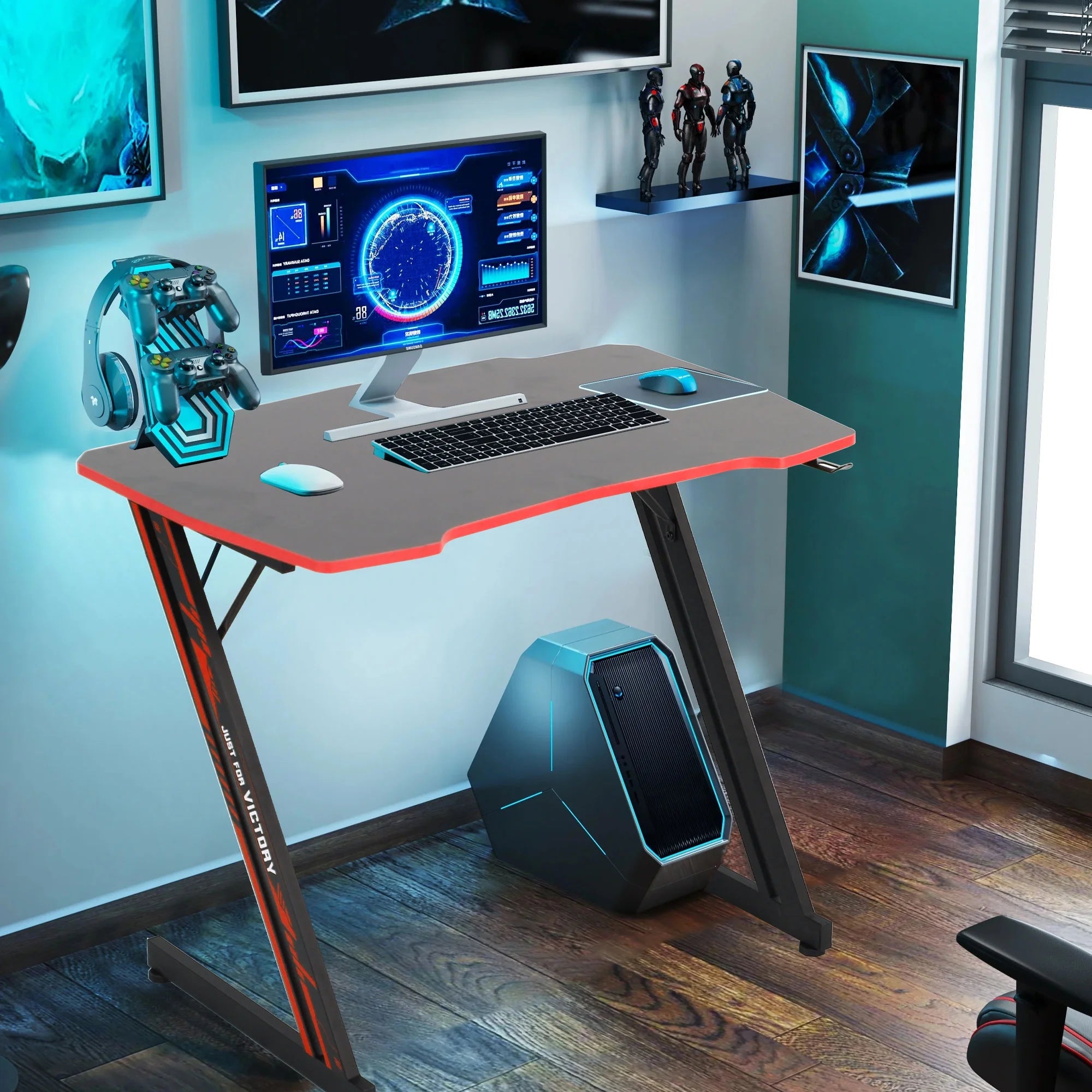Upgrade Your Gaming Space with Our Stylish Z-Shaped Desk Featuring a Headphone Hook in Cool Blue/Red! 🎮✨