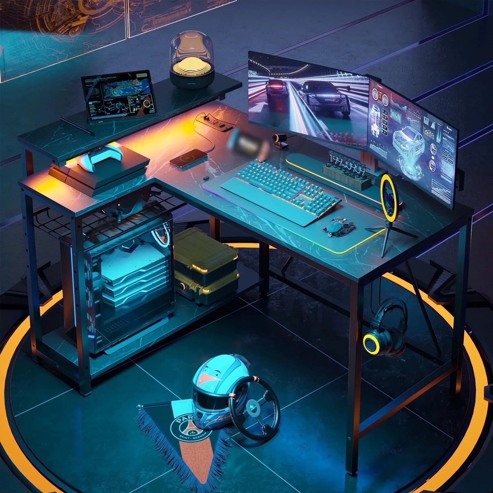 Level up your gaming setup with this sleek 42" Reversible L-Shaped Desk! 🌟 Featuring power outlets, LED lights, a monitor stand, and headset hooks, it's perfect for small spaces, bedrooms, and home offices! 🖤✨ #GamingDesk #HomeOffice #SmallSpaceLiving