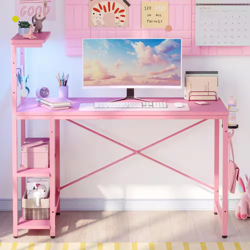 Level up your gaming setup with this 44" Pink Carbon Fiber Desk! 🌟✨ Featuring RGB LED lights, 4-tier storage, and a handy hook! 🎮💖 #GamingDesk #RGBLights #GamerStyle