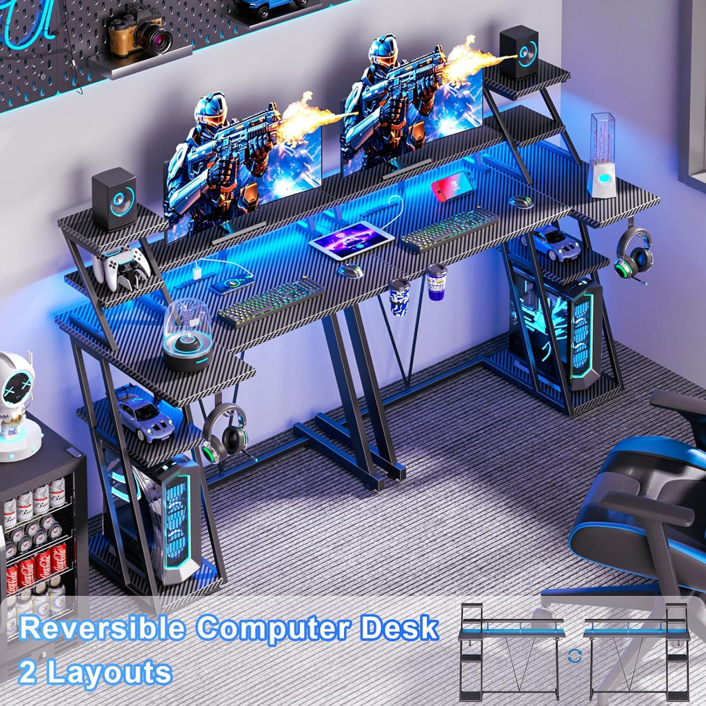 40" L-Shaped Gaming Desk with LED Lights & Power Outlet, Carbon Fiber Black