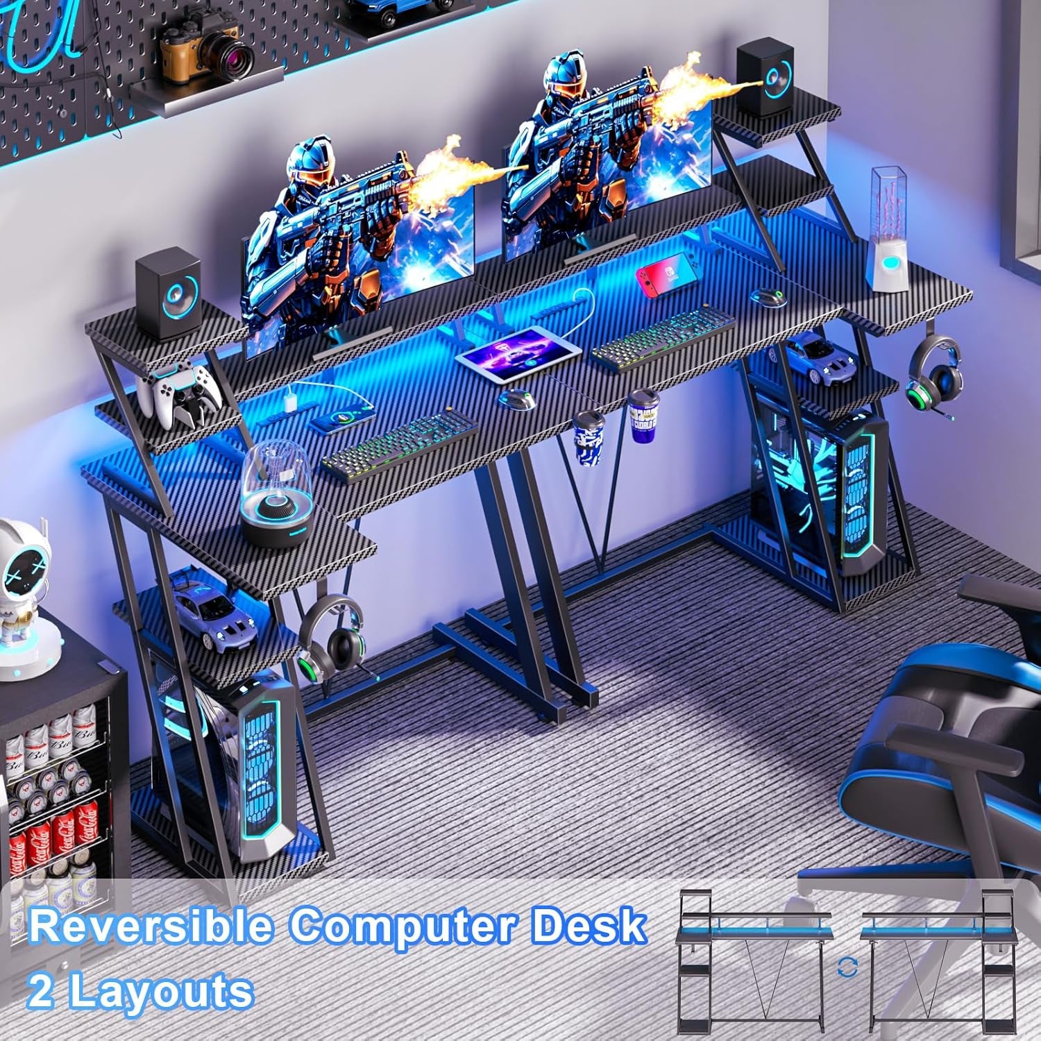 40" L-Shaped Gaming Desk with LED Lights & Power Outlet, Carbon Fiber Black