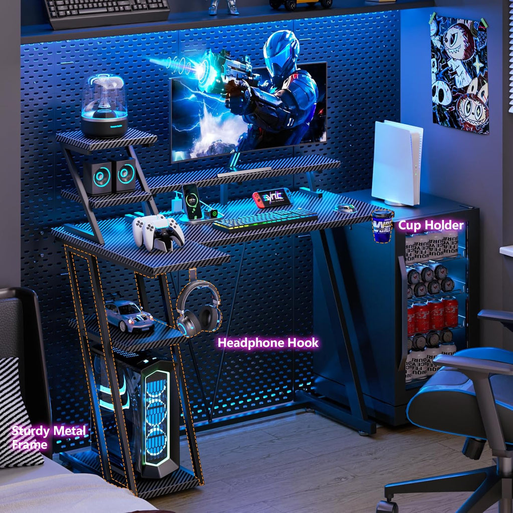 40" L-Shaped Gaming Desk with LED Lights & Power Outlet, Carbon Fiber Black