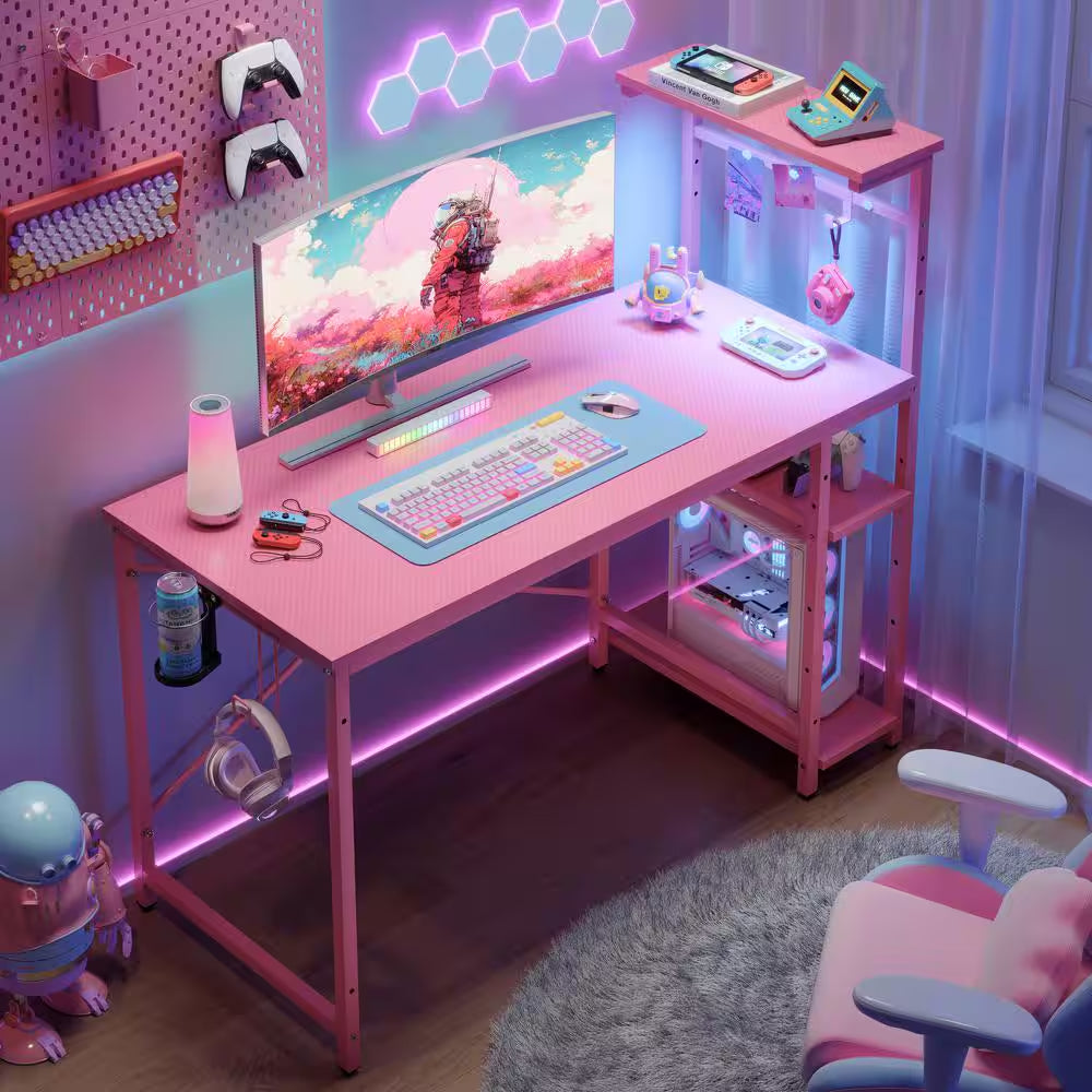 Level up your gaming setup with this 44" Pink Carbon Fiber Desk! 🌟✨ Featuring RGB LED lights, 4-tier storage, and a handy hook! 🎮💖 #GamingDesk #RGBLights #GamerStyle