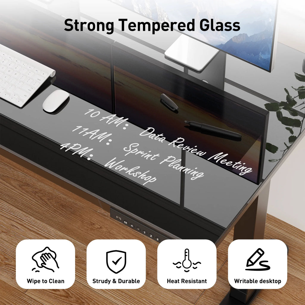 Glass Top Electric Standing Desk with Drawer, 48'' X 24'' Electric Height Adjustable Desk with USB Charging Ports, Sit Stand up for Home Office
