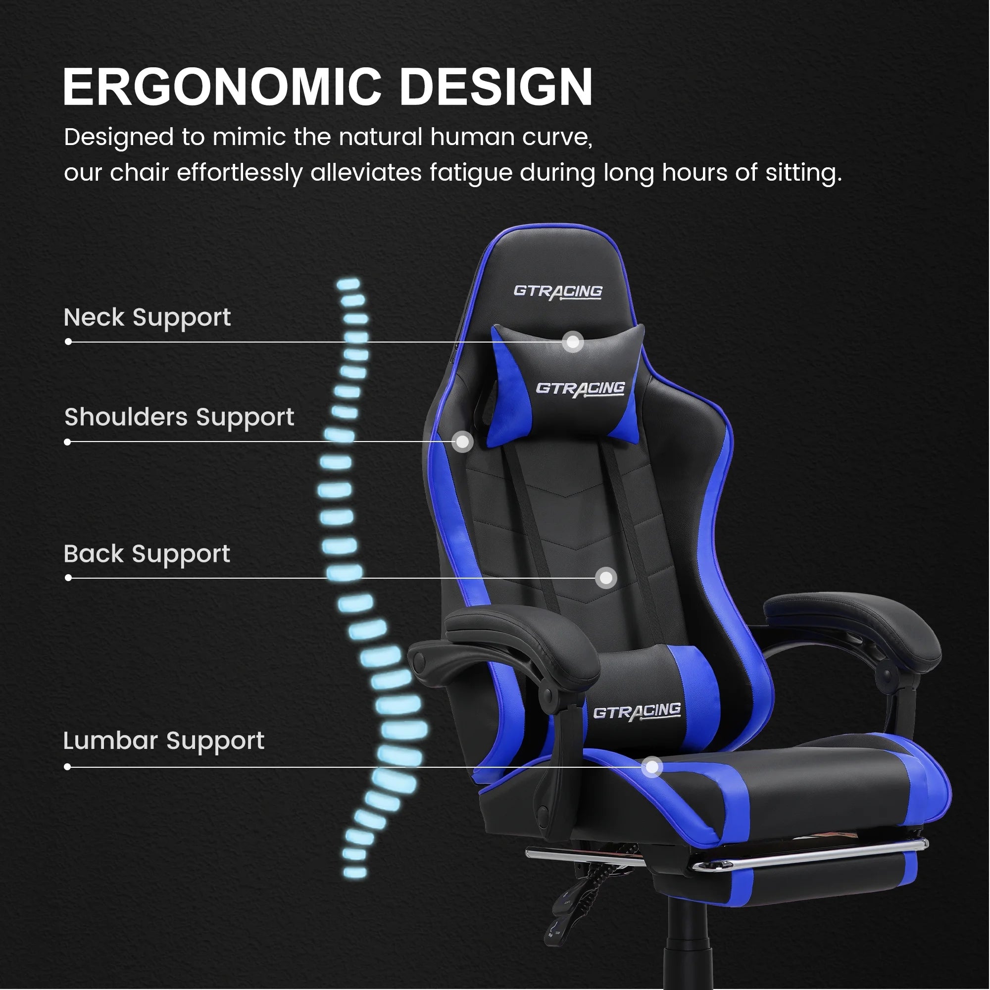 Ergonomic GTWD-200 Gaming and Office Chair with Adjustable Pillows and Footrest, Blue
